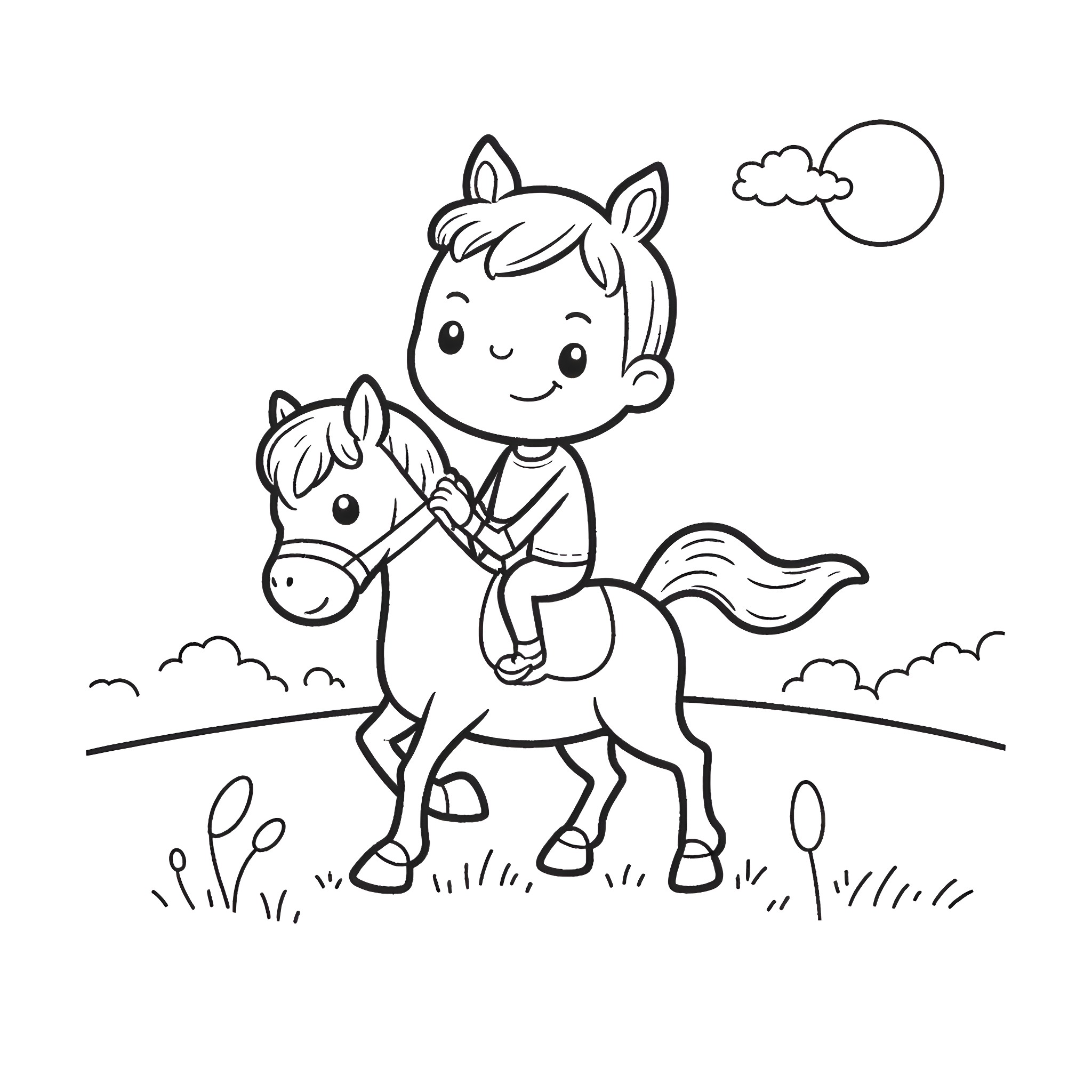 Diddy riding a happy horse in the countryside Coloring Page (free black-and-white line drawing printable PDF for all, from beginners to advanced learners, including children, teens, adults, and seniors)
