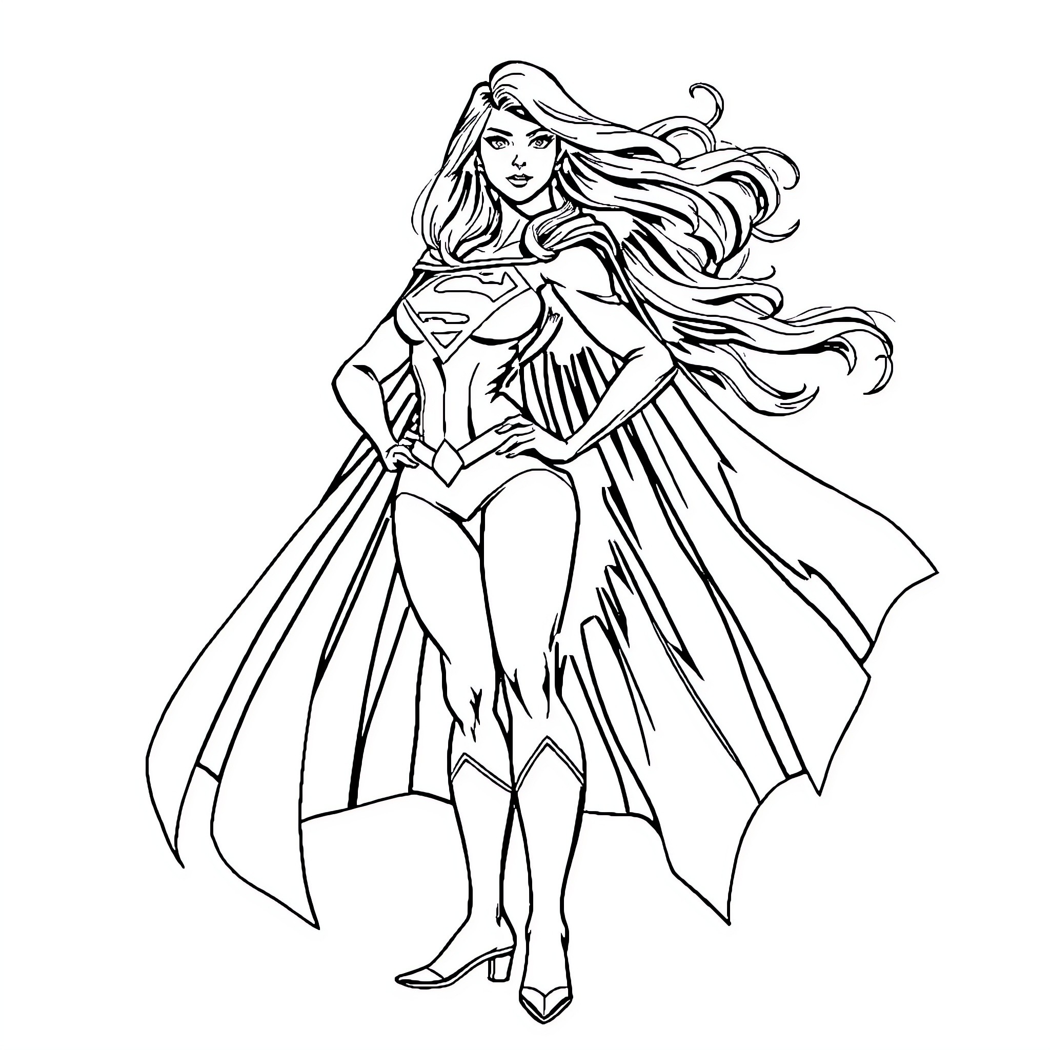 Supergirl in heroic pose with flowing cape Coloring Page (free black-and-white line drawing printable PDF for all, from beginners to advanced learners, including children, teens, adults, and seniors)