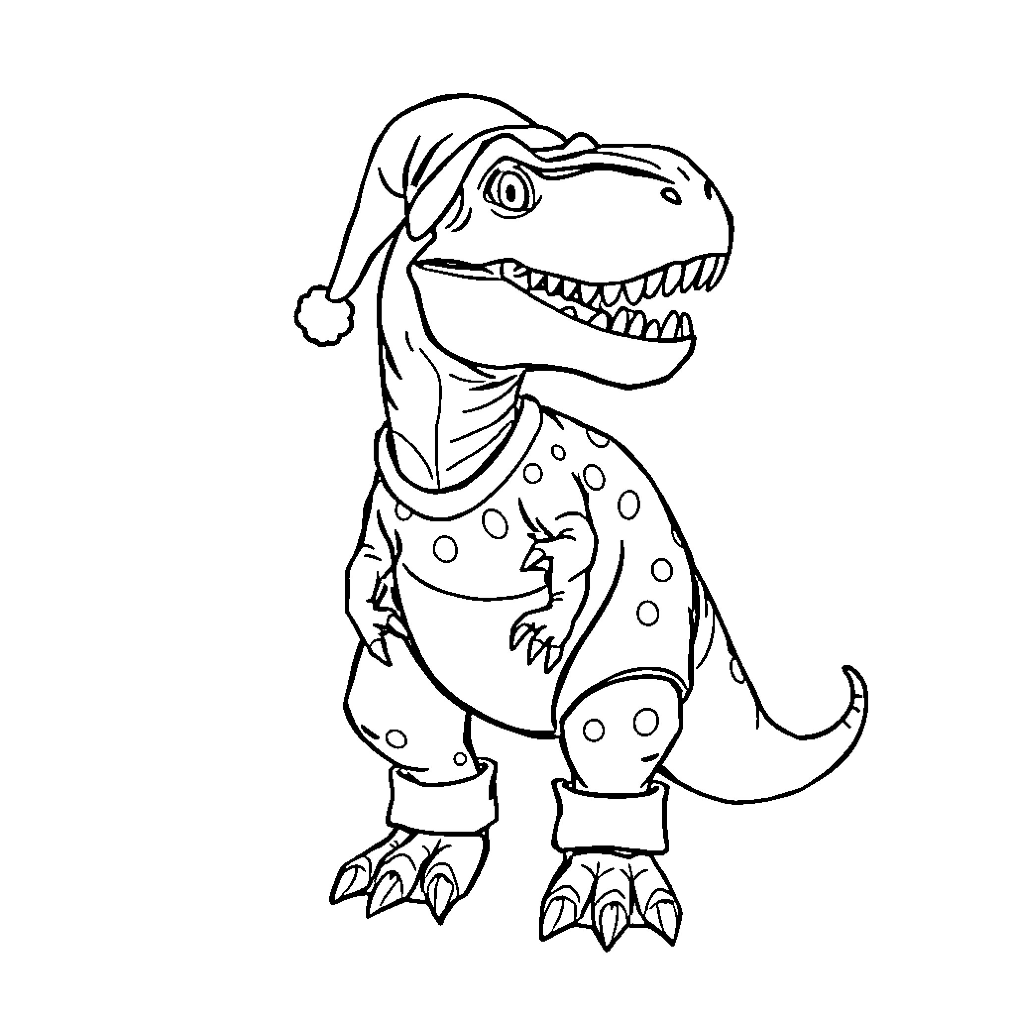 T-Rex Wearing a Santa Hat and Festive Outfit Coloring Page (free black-and-white line drawing printable PDF for all, from beginners to advanced learners, including children, teens, adults, and seniors)