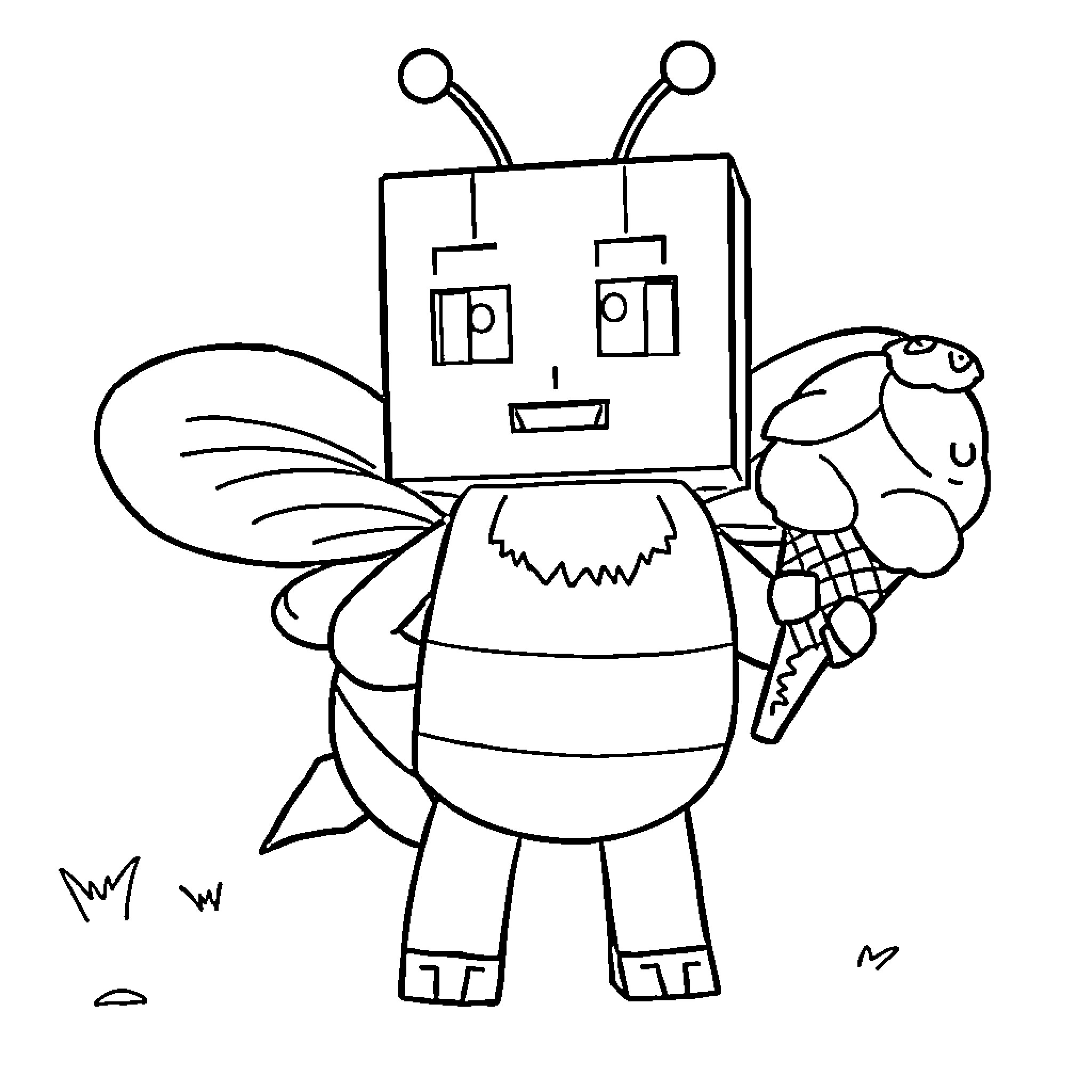 Bee-bot with antennae interacting with a friend Coloring Page (free black-and-white line drawing printable PDF for all, from beginners to advanced learners, including children, teens, adults, and seniors)