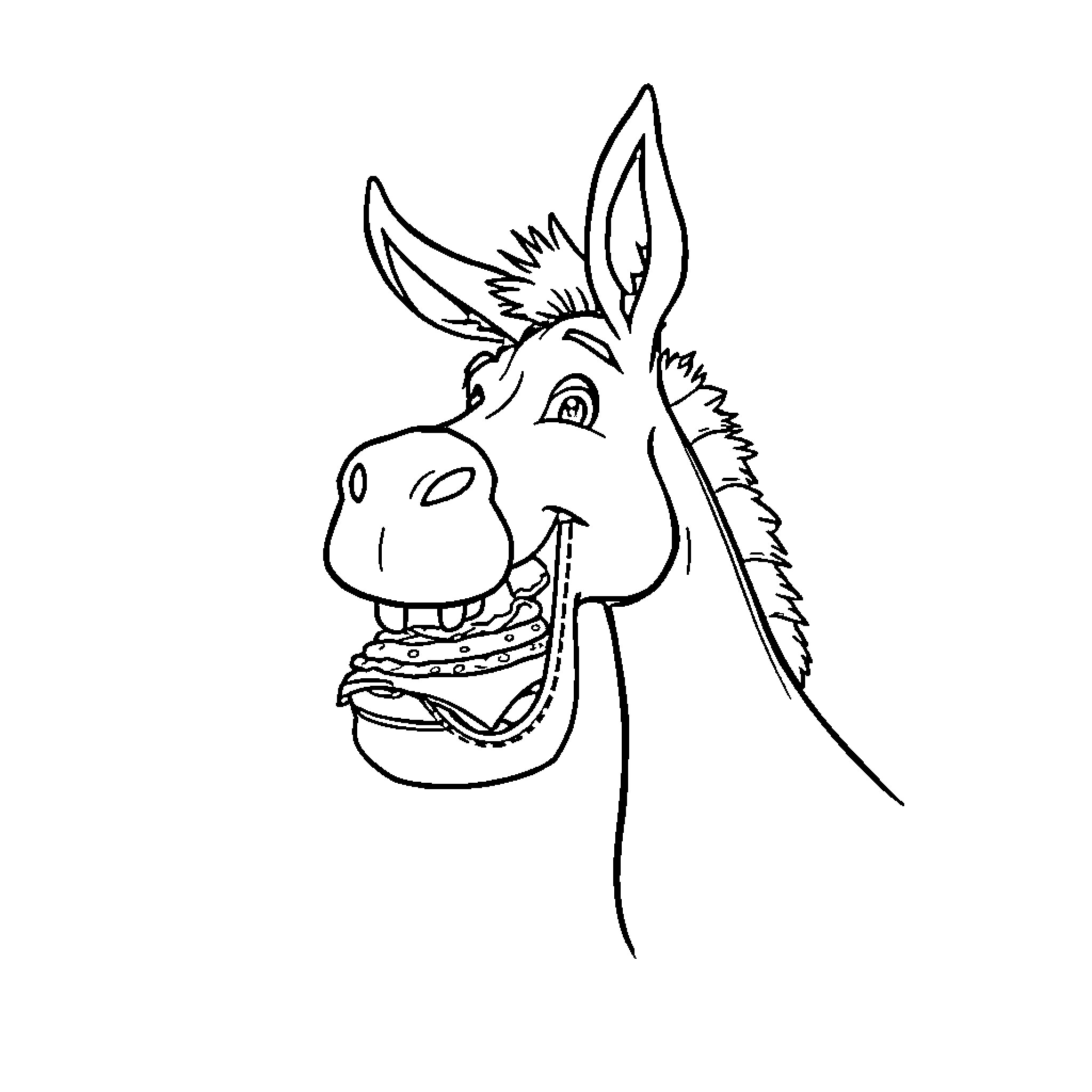 Donkey enjoying a tasty burger Coloring Page (free black-and-white line drawing printable PDF for all, from beginners to advanced learners, including children, teens, adults, and seniors)