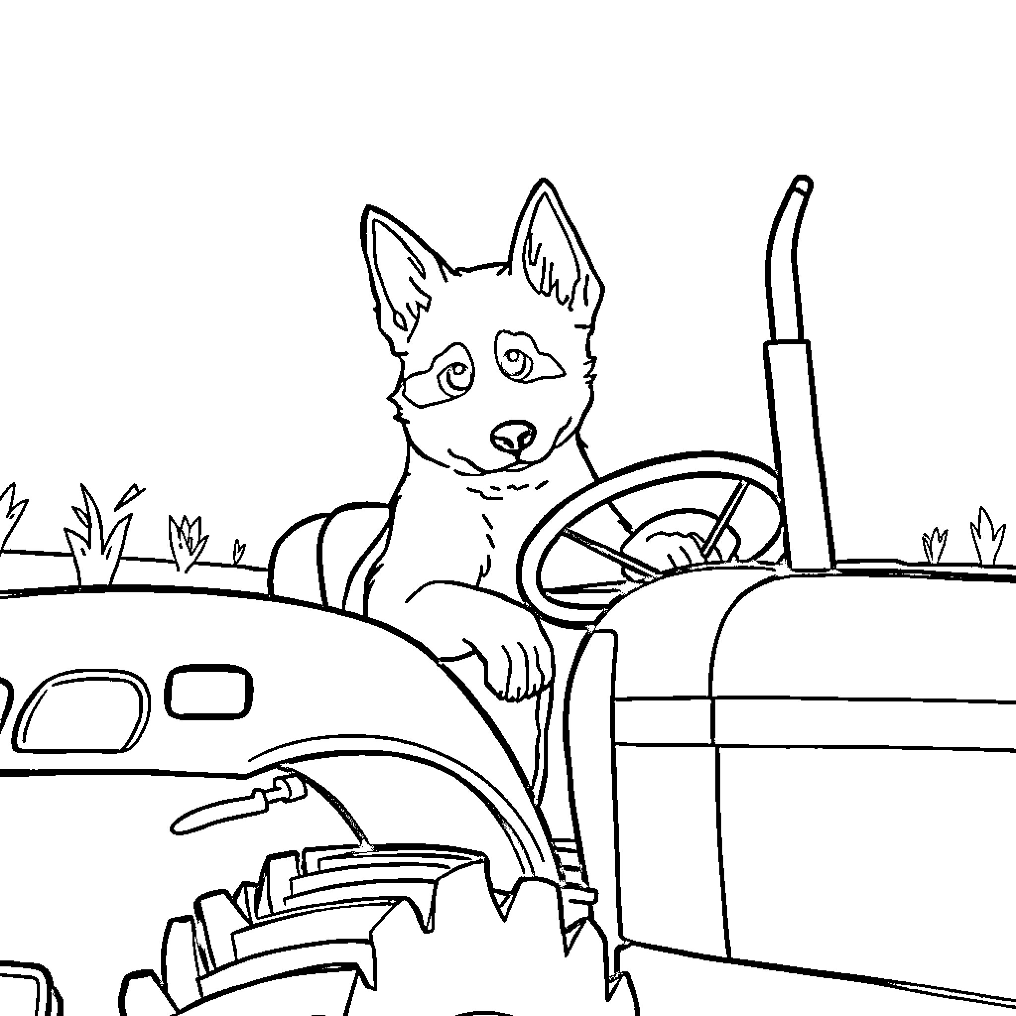 Perro driving a car through the countryside Coloring Page (free black-and-white line drawing printable PDF for all, from beginners to advanced learners, including children, teens, adults, and seniors)