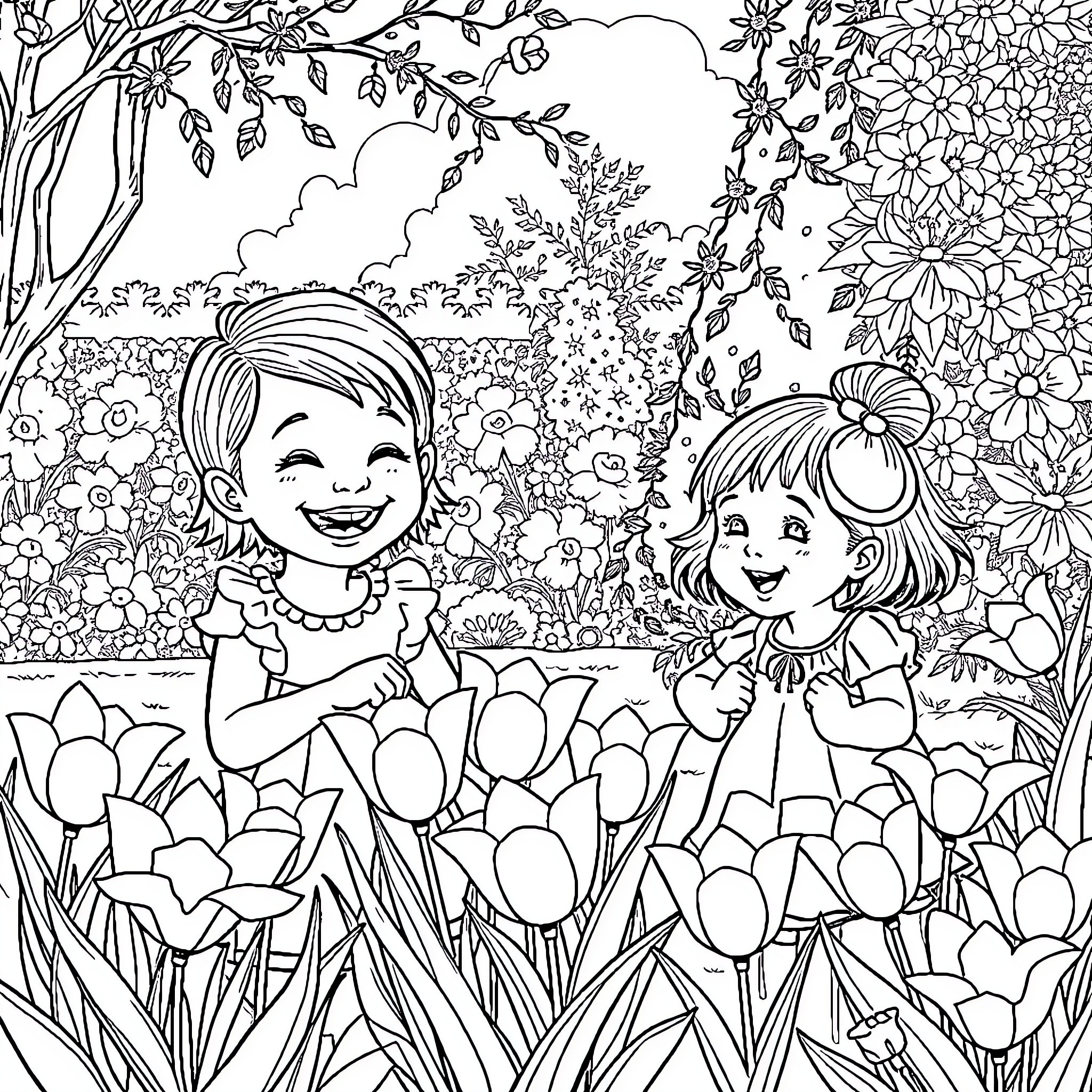 Fillette playing cheerfully in a floral garden Coloring Page (free black-and-white line drawing printable PDF for all, from beginners to advanced learners, including children, teens, adults, and seniors)