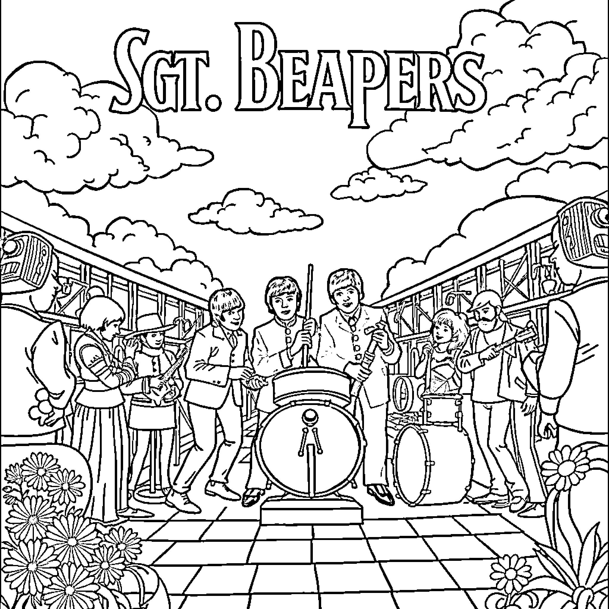 Sgt. Beapers: Band Members Performing on Stage Coloring Page (free black-and-white line drawing printable PDF for all, from beginners to advanced learners, including children, teens, adults, and seniors)