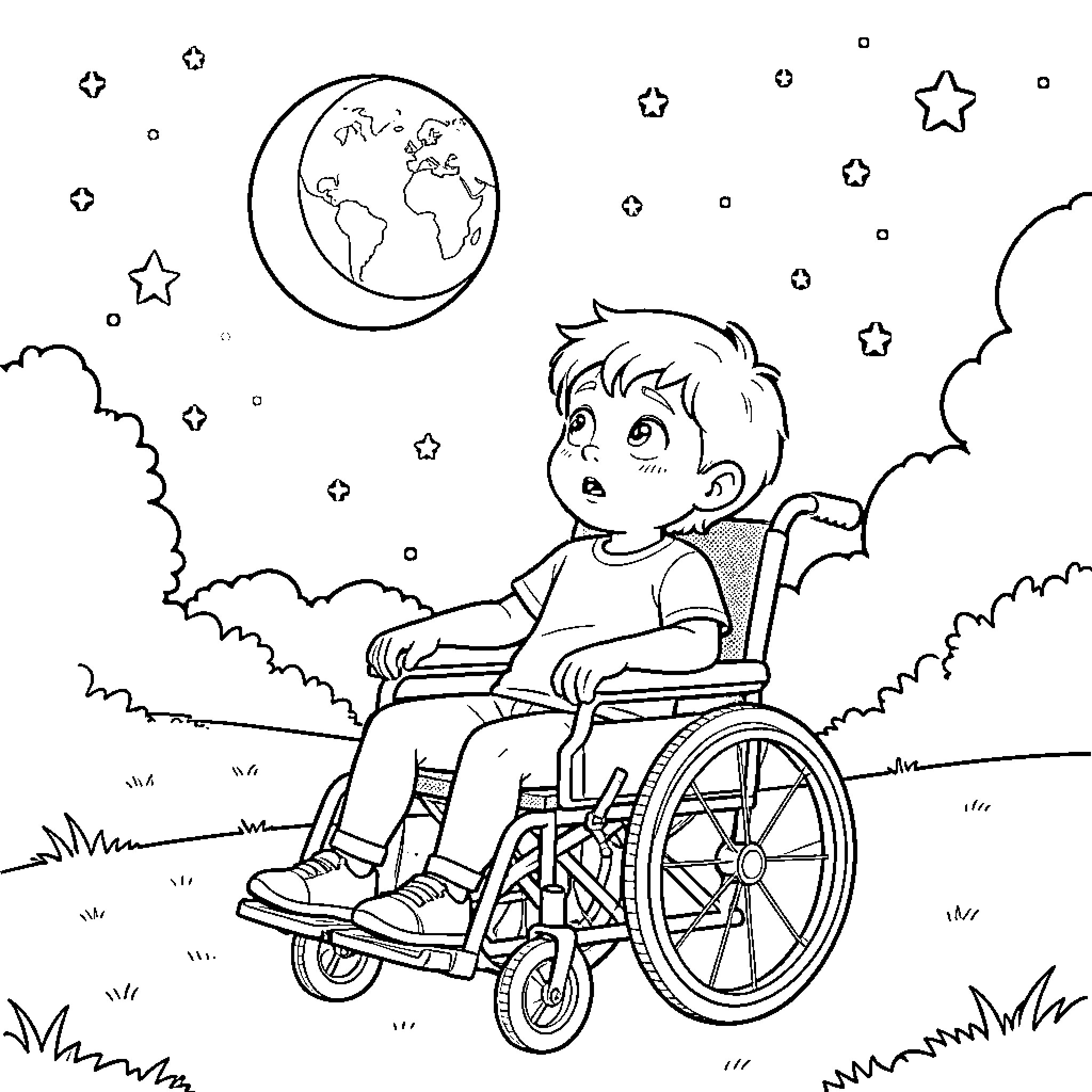 Niño in wheelchair enjoying starry night Coloring Page (free black-and-white line drawing printable PDF for all, from beginners to advanced learners, including children, teens, adults, and seniors)