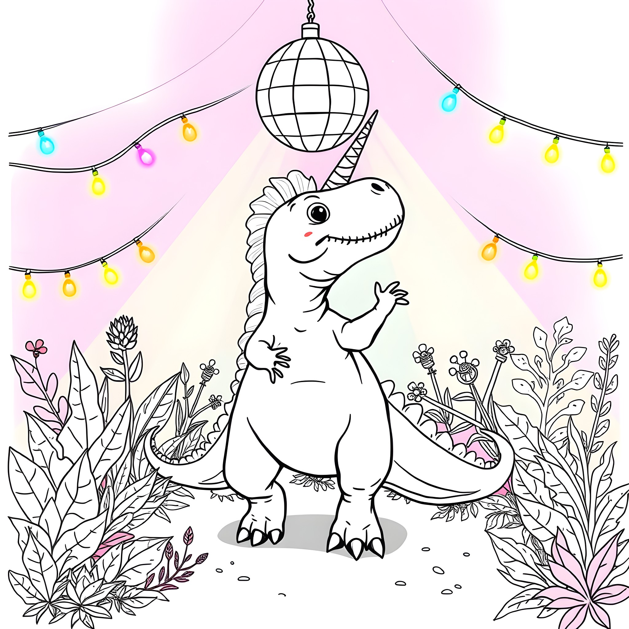 Dinosaur Enjoying a Party in the Garden Coloring Page (free black-and-white line drawing printable PDF for all, from beginners to advanced learners, including children, teens, adults, and seniors)