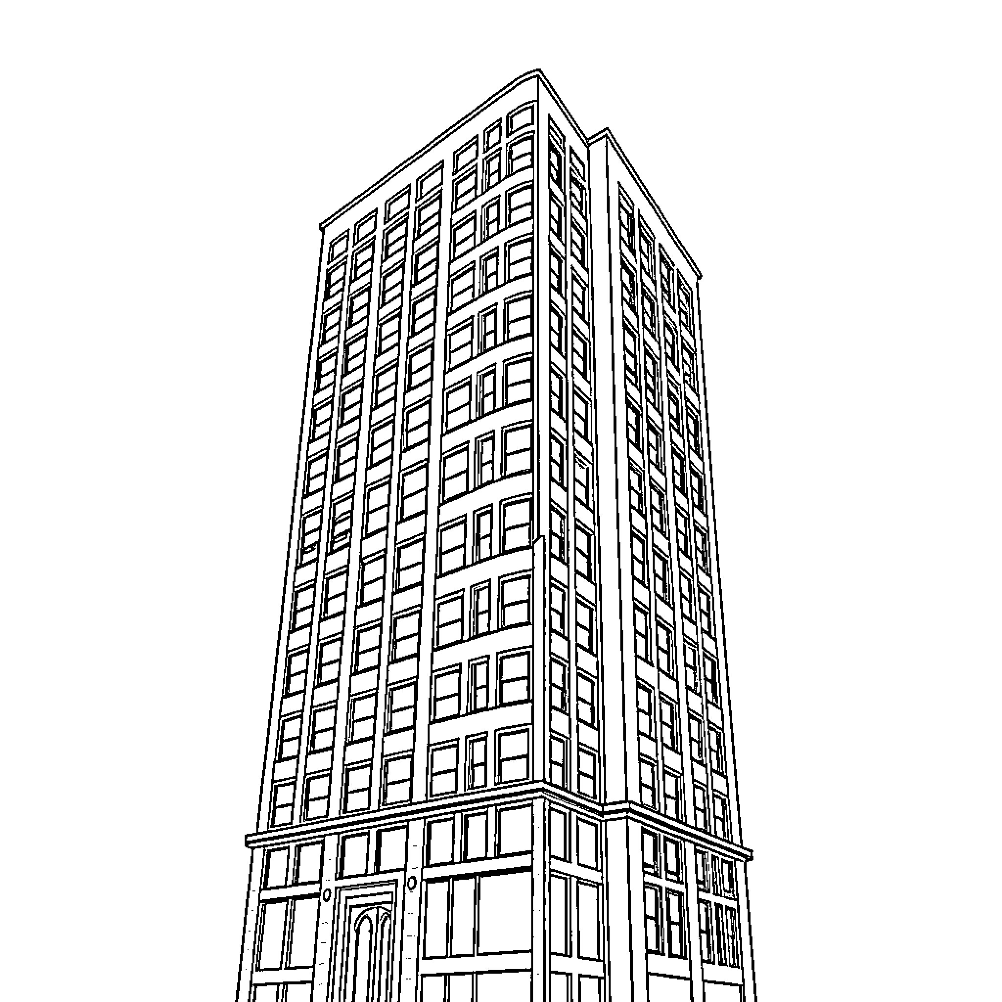 Building with numerous windows and floors Coloring Page (free black-and-white line drawing printable PDF for all, from beginners to advanced learners, including children, teens, adults, and seniors)