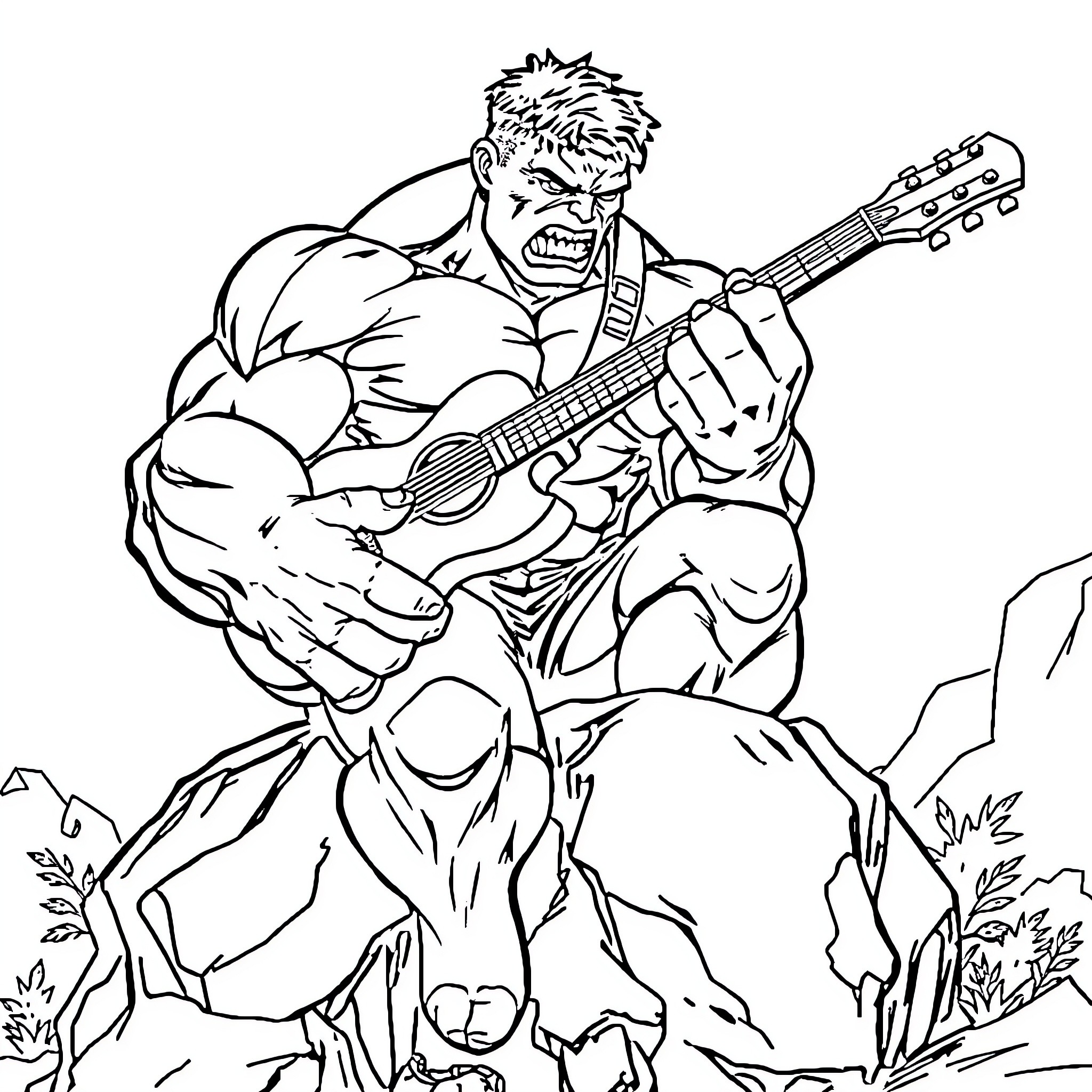 Hulk Rocking Out with His Guitar in Nature Coloring Page (free black-and-white line drawing printable PDF for all, from beginners to advanced learners, including children, teens, adults, and seniors)