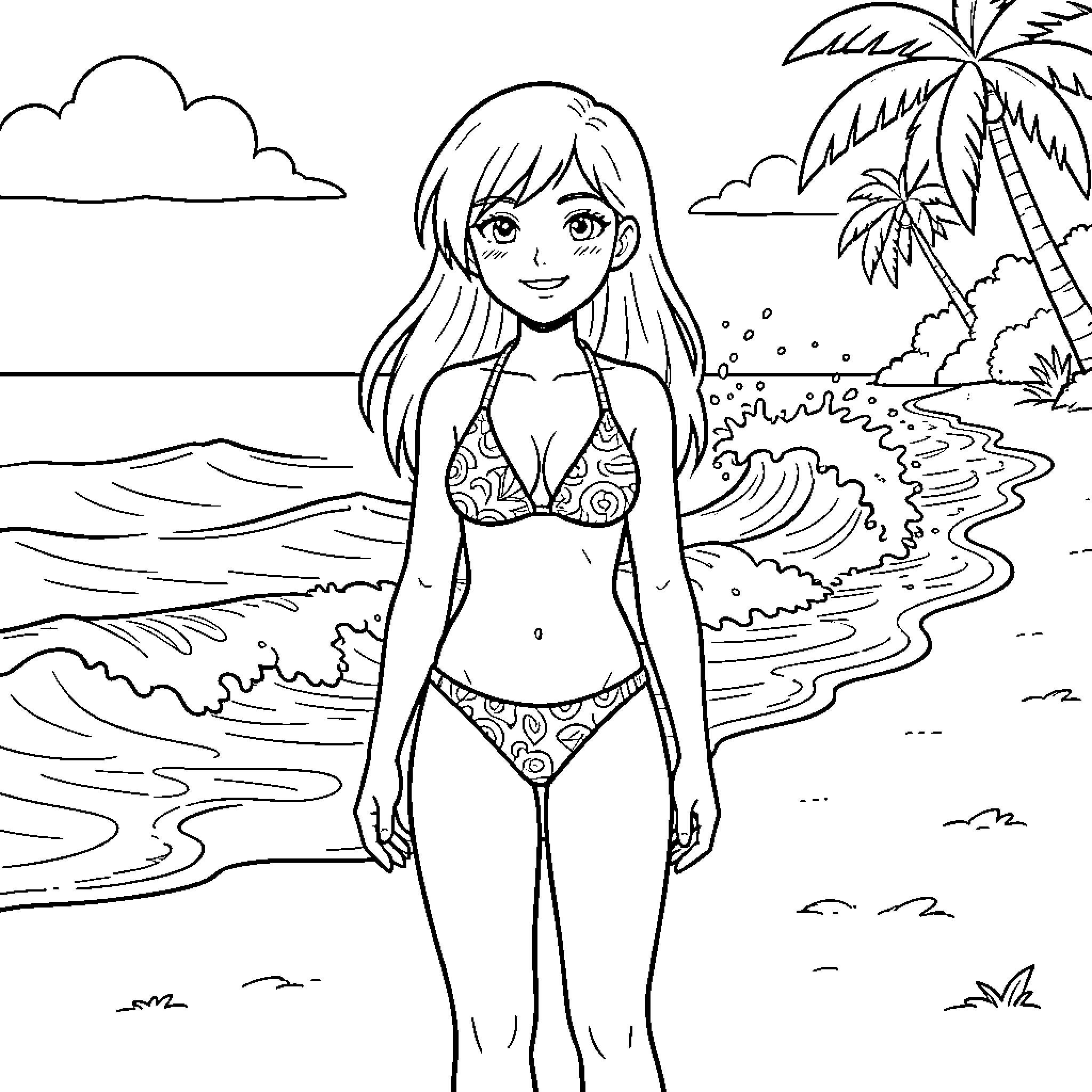 Nami enjoying the tropical beach scenery Coloring Page (free black-and-white line drawing printable PDF for all, from beginners to advanced learners, including children, teens, adults, and seniors)