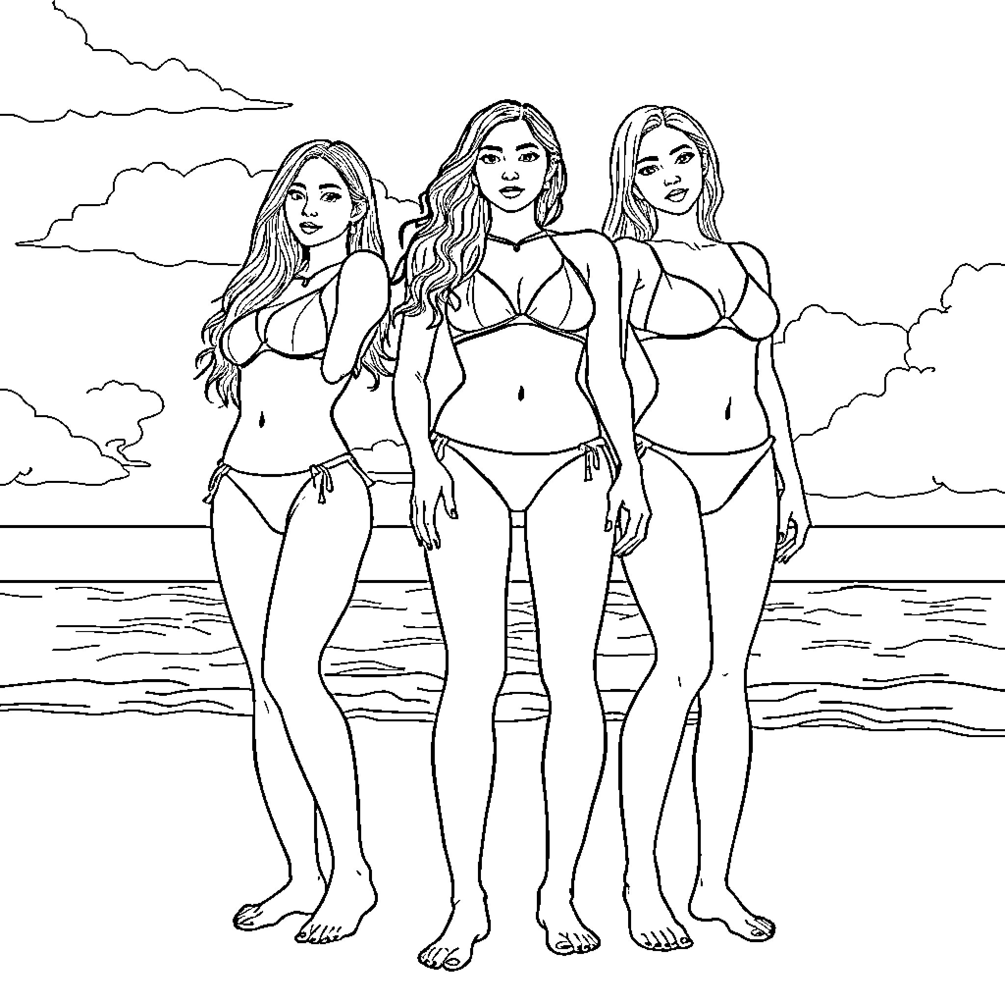 Kpop Idols Posing Stylishly at the Beach Coloring Page (free black-and-white line drawing printable PDF for all, from beginners to advanced learners, including children, teens, adults, and seniors)