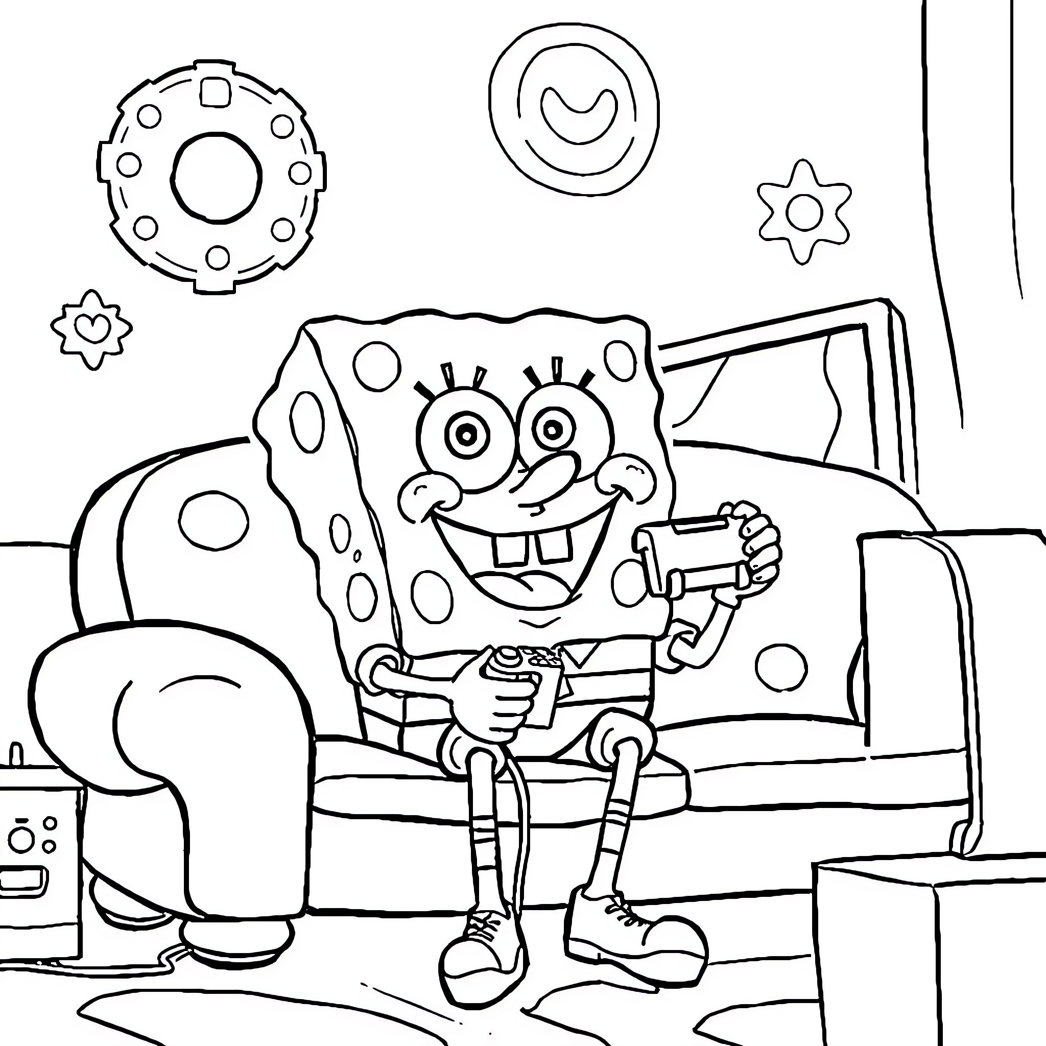 Spongebob relaxing on the couch with gaming accessories Coloring Page (free black-and-white line drawing printable PDF for all, from beginners to advanced learners, including children, teens, adults, and seniors)