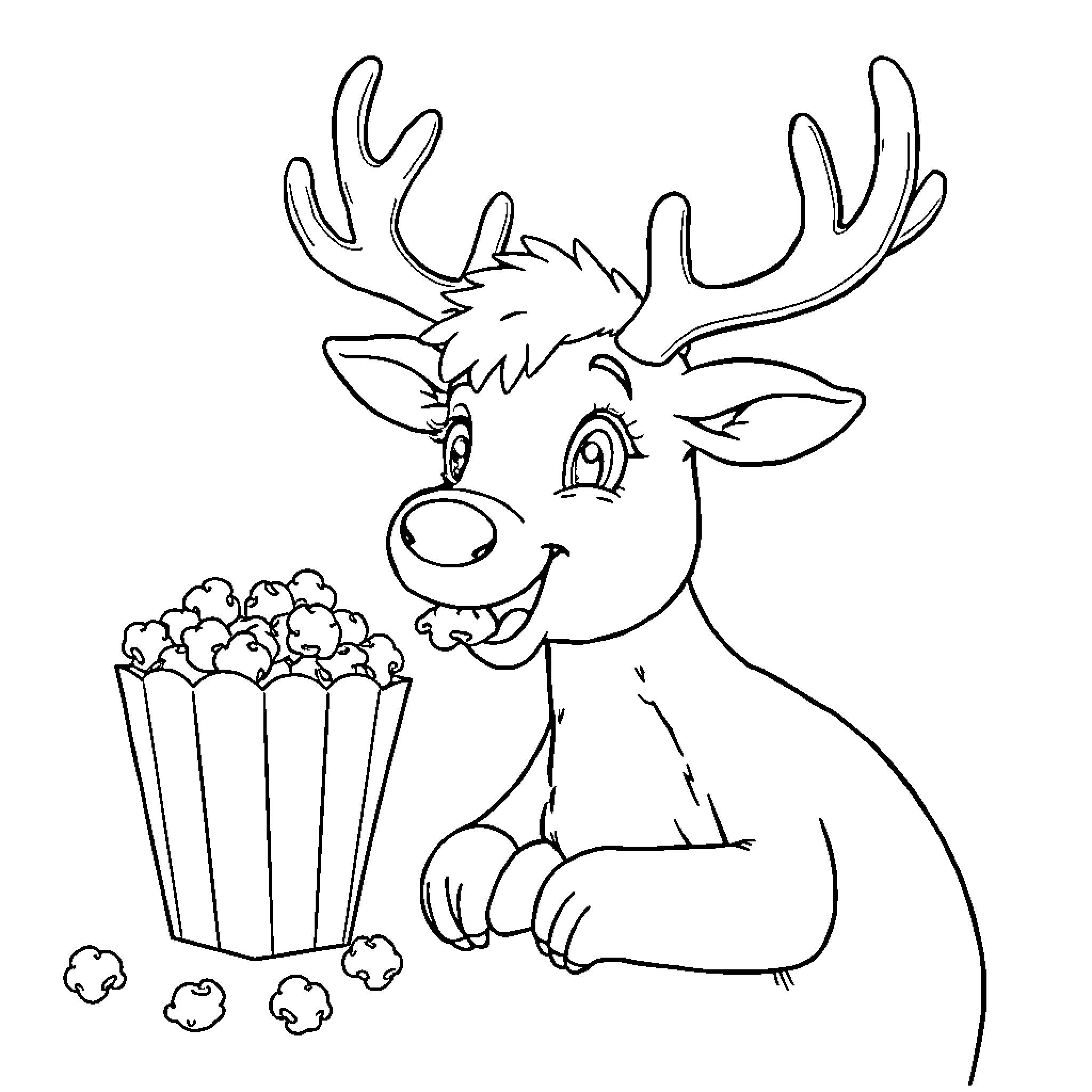 Reindeer enjoying delicious popcorn snack Coloring Page (free black-and-white line drawing printable PDF for all, from beginners to advanced learners, including children, teens, adults, and seniors)