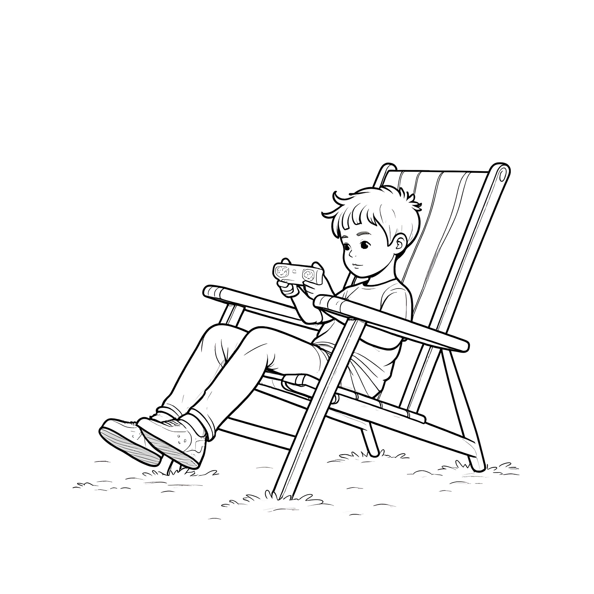 Kid relaxing in a rocking chair and playing with a toy Coloring Page (free black-and-white line drawing printable PDF for all, from beginners to advanced learners, including children, teens, adults, and seniors)