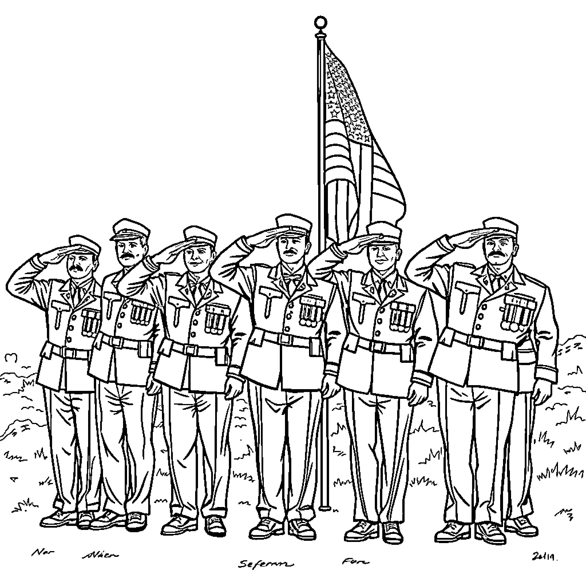 Veteran soldiers saluting the American flag Coloring Page (free black-and-white line drawing printable PDF for all, from beginners to advanced learners, including children, teens, adults, and seniors)