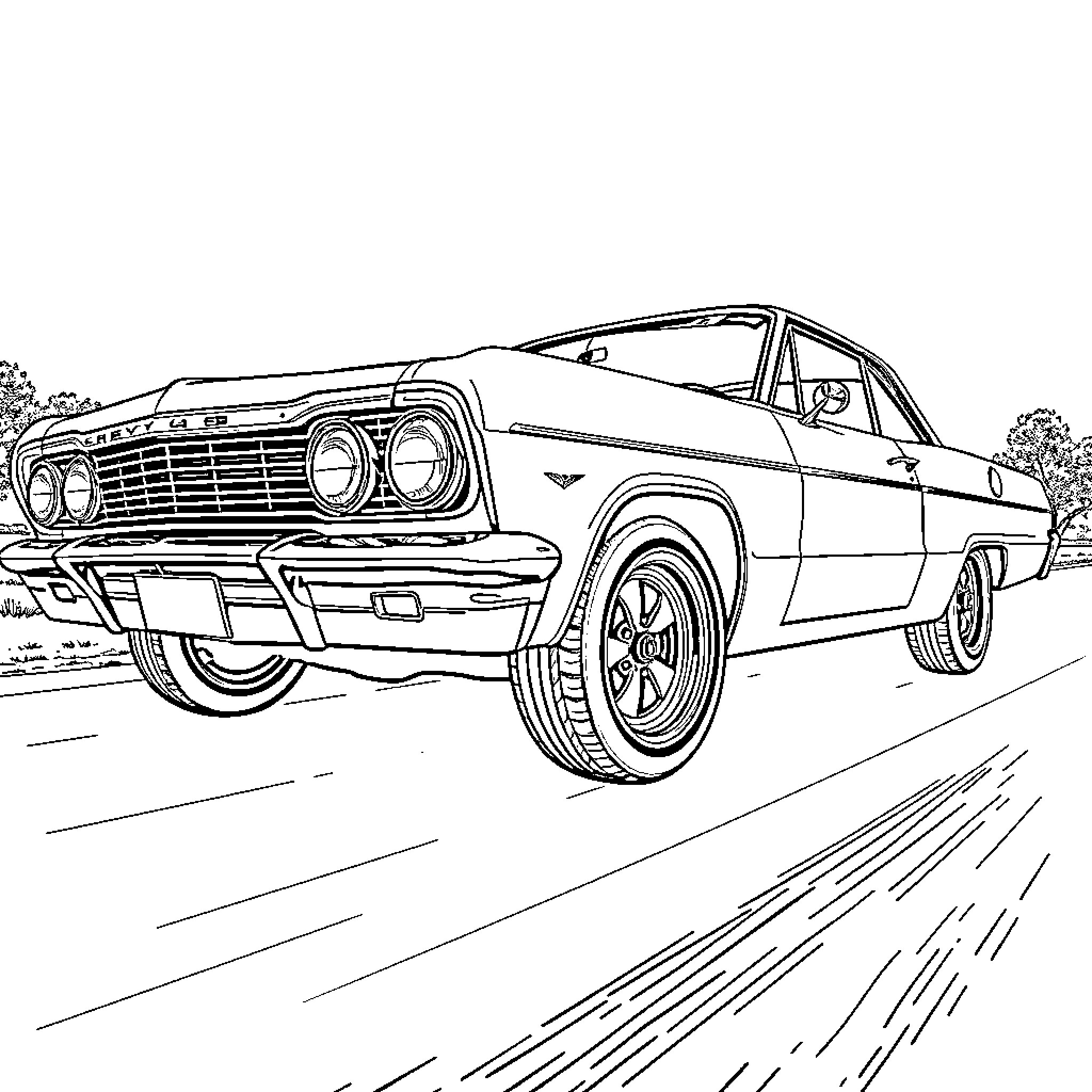 Chevy Impala speeding on the road Coloring Page (free black-and-white line drawing printable PDF for all, from beginners to advanced learners, including children, teens, adults, and seniors)