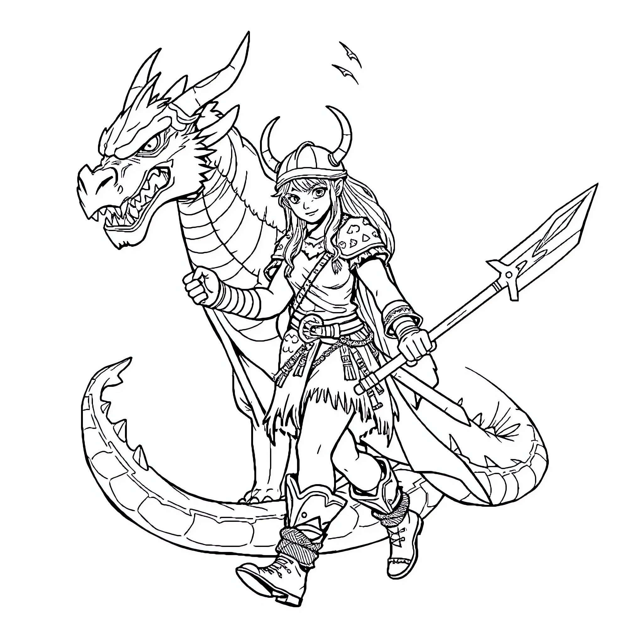 Viking Girl Battles a Ferocious Dragon Coloring Page (free black-and-white line drawing printable PDF for all, from beginners to advanced learners, including children, teens, adults, and seniors)