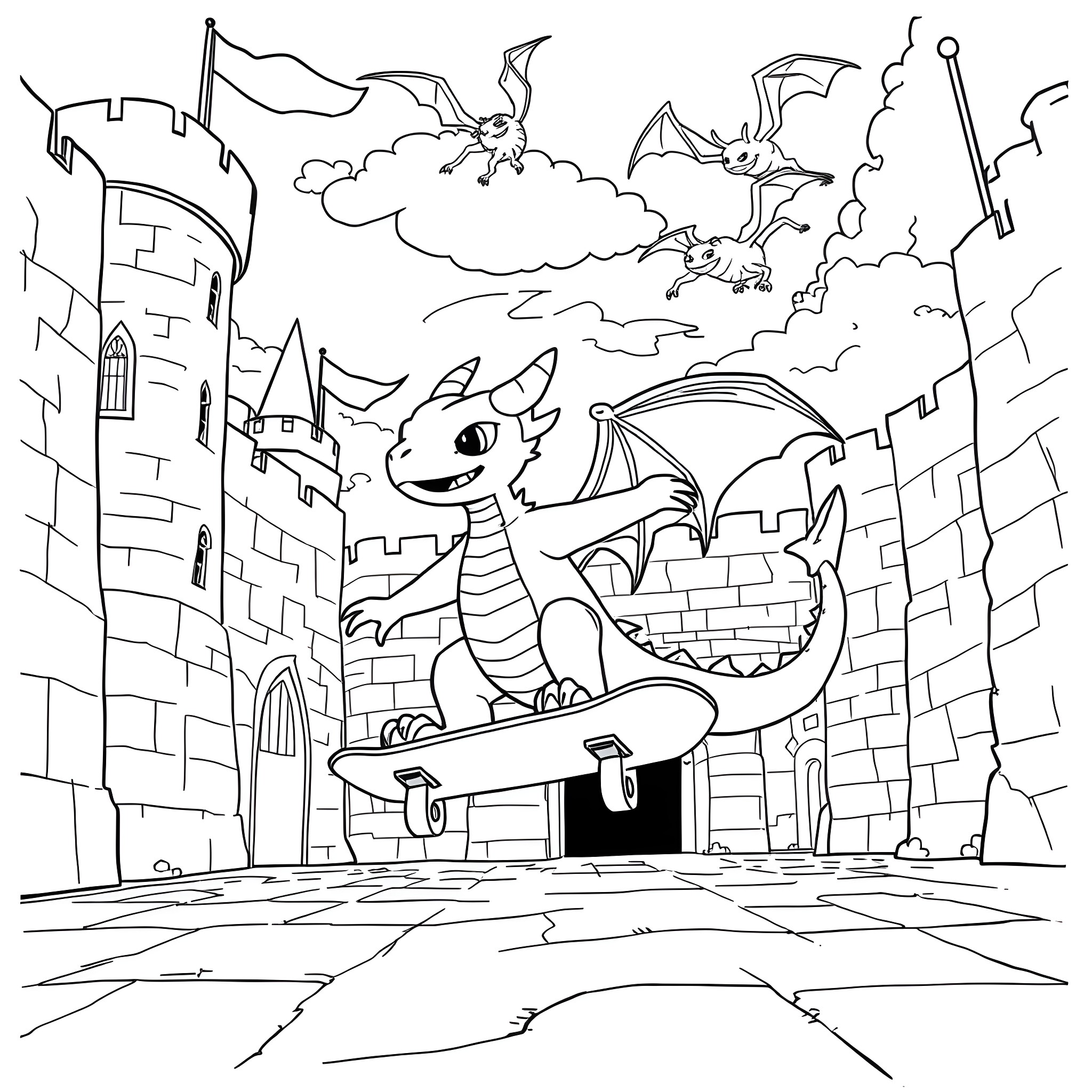 Burple Dragons Soaring Over Medieval Castle Coloring Page (free black-and-white line drawing printable PDF for all, from beginners to advanced learners, including children, teens, adults, and seniors)