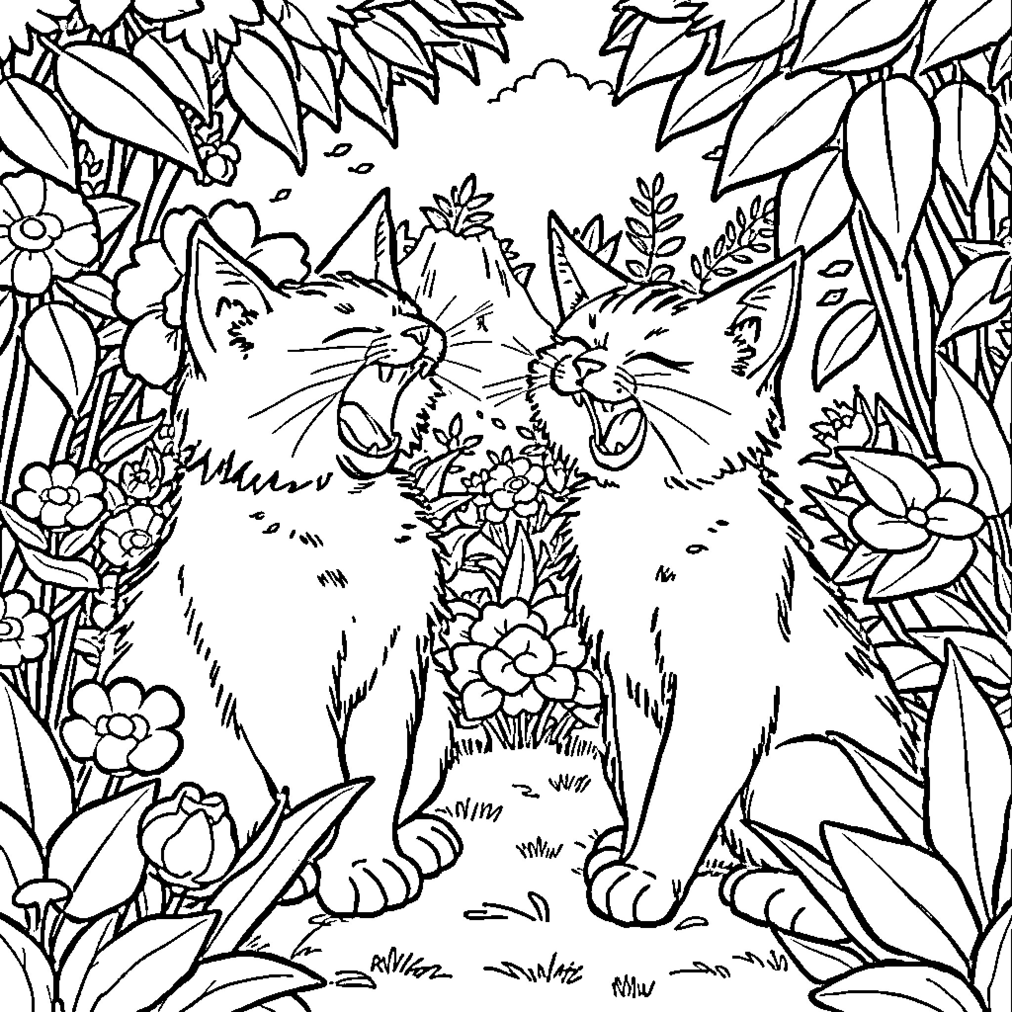 Cat Kittens Exploring Lush Floral Garden Coloring Page (free black-and-white line drawing printable PDF for all, from beginners to advanced learners, including children, teens, adults, and seniors)