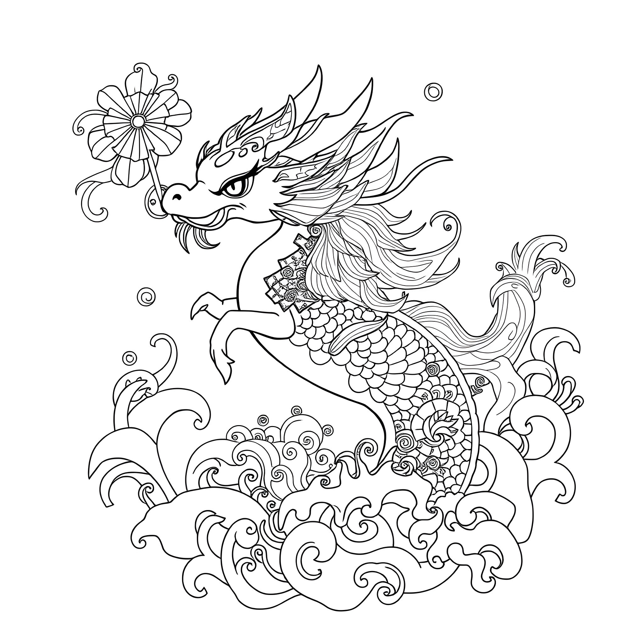 Mishipeshu - Mythical Serpent Ascending Amidst Floral Waves Coloring Page (free black-and-white line drawing printable PDF for all, from beginners to advanced learners, including children, teens, adults, and seniors)