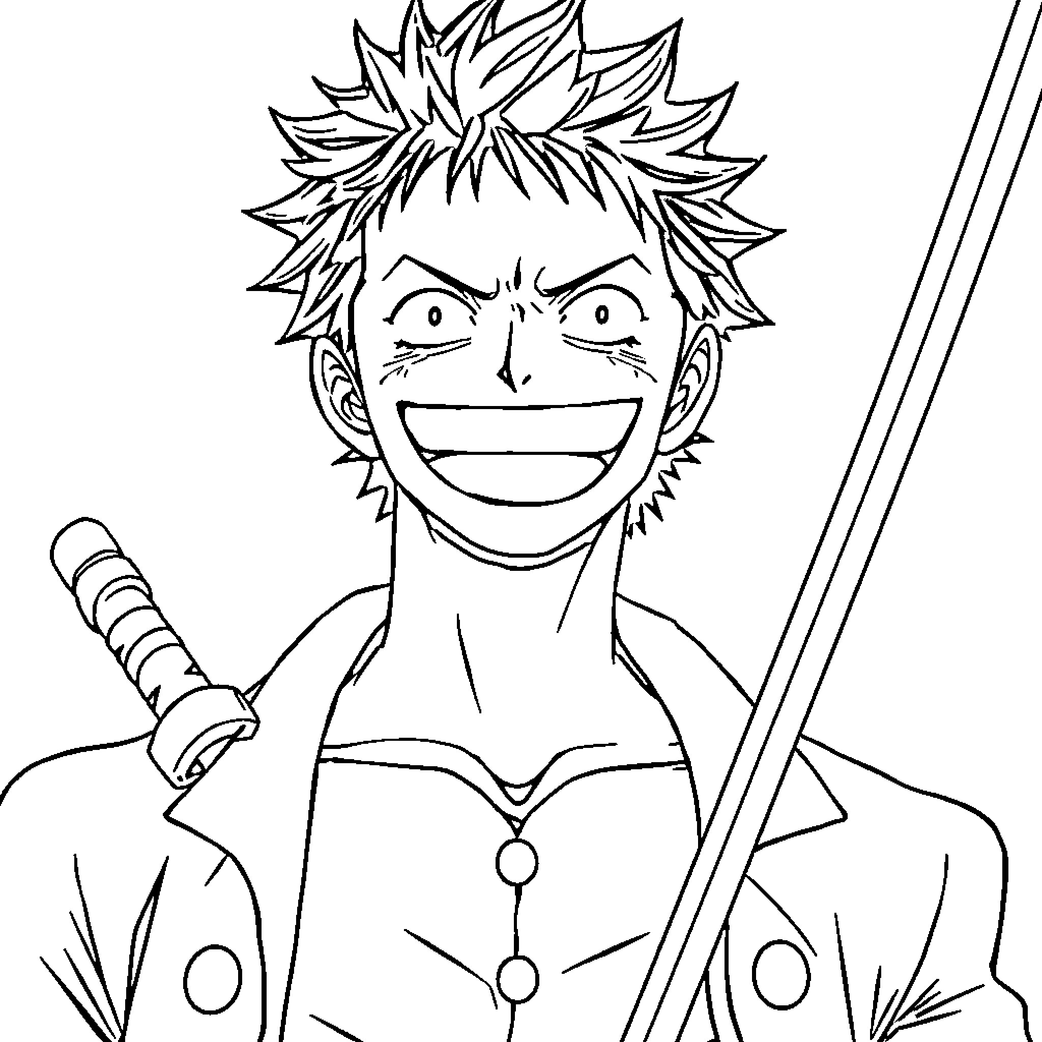 Zoro brandishing swords with an enthusiastic expression Coloring Page (free black-and-white line drawing printable PDF for all, from beginners to advanced learners, including children, teens, adults, and seniors)
