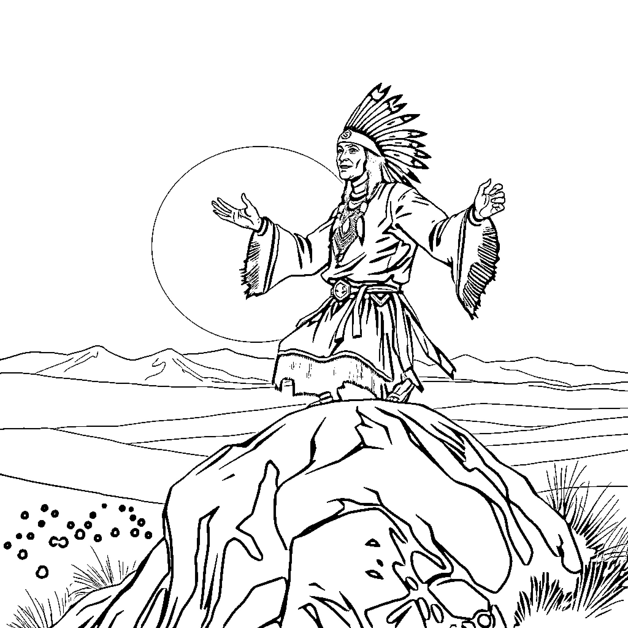 Sitting Bull leading a ceremonial dance in the desert Coloring Page (free black-and-white line drawing printable PDF for all, from beginners to advanced learners, including children, teens, adults, and seniors)
