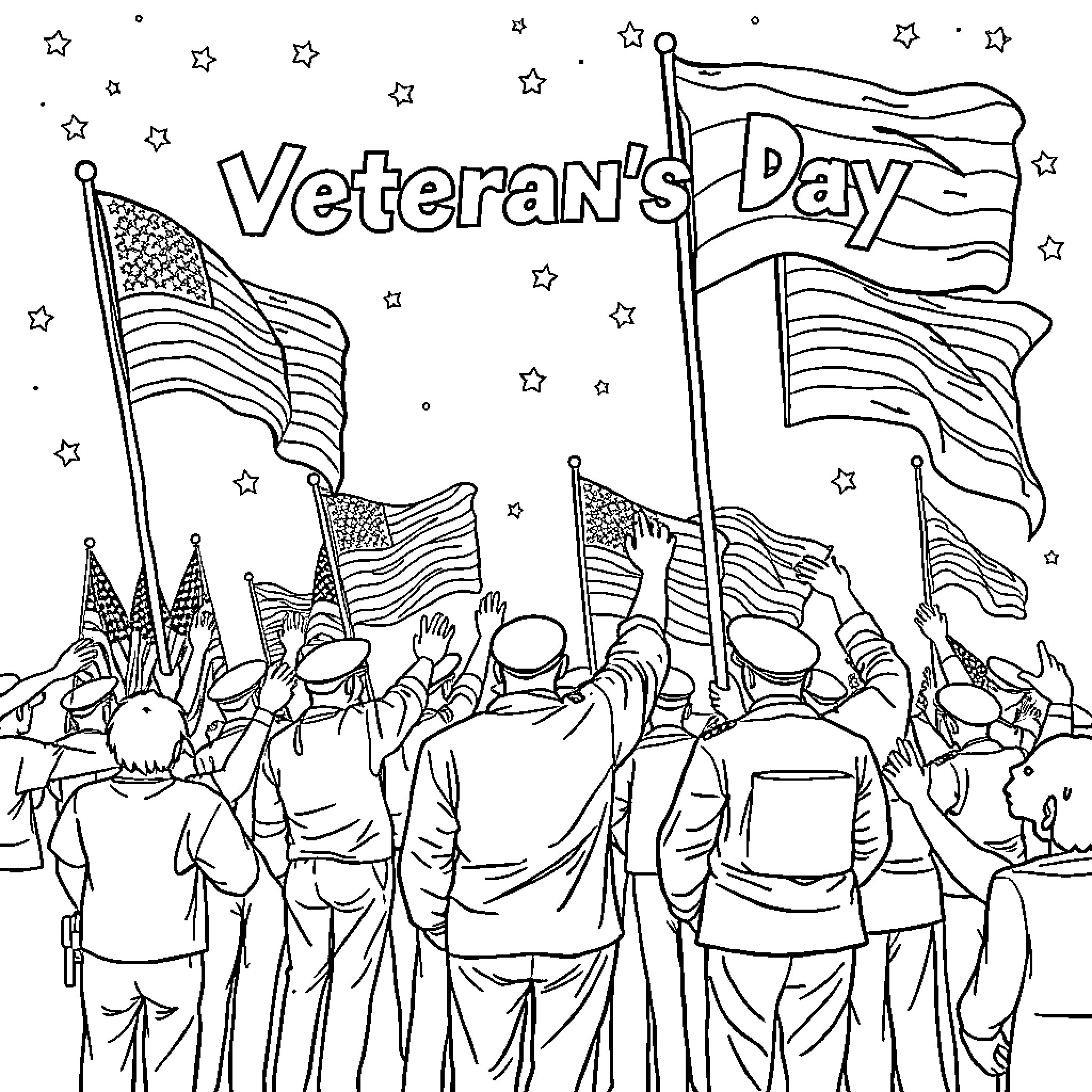 Veterans Day parade with waving American flags Coloring Page (free black-and-white line drawing printable PDF for all, from beginners to advanced learners, including children, teens, adults, and seniors)