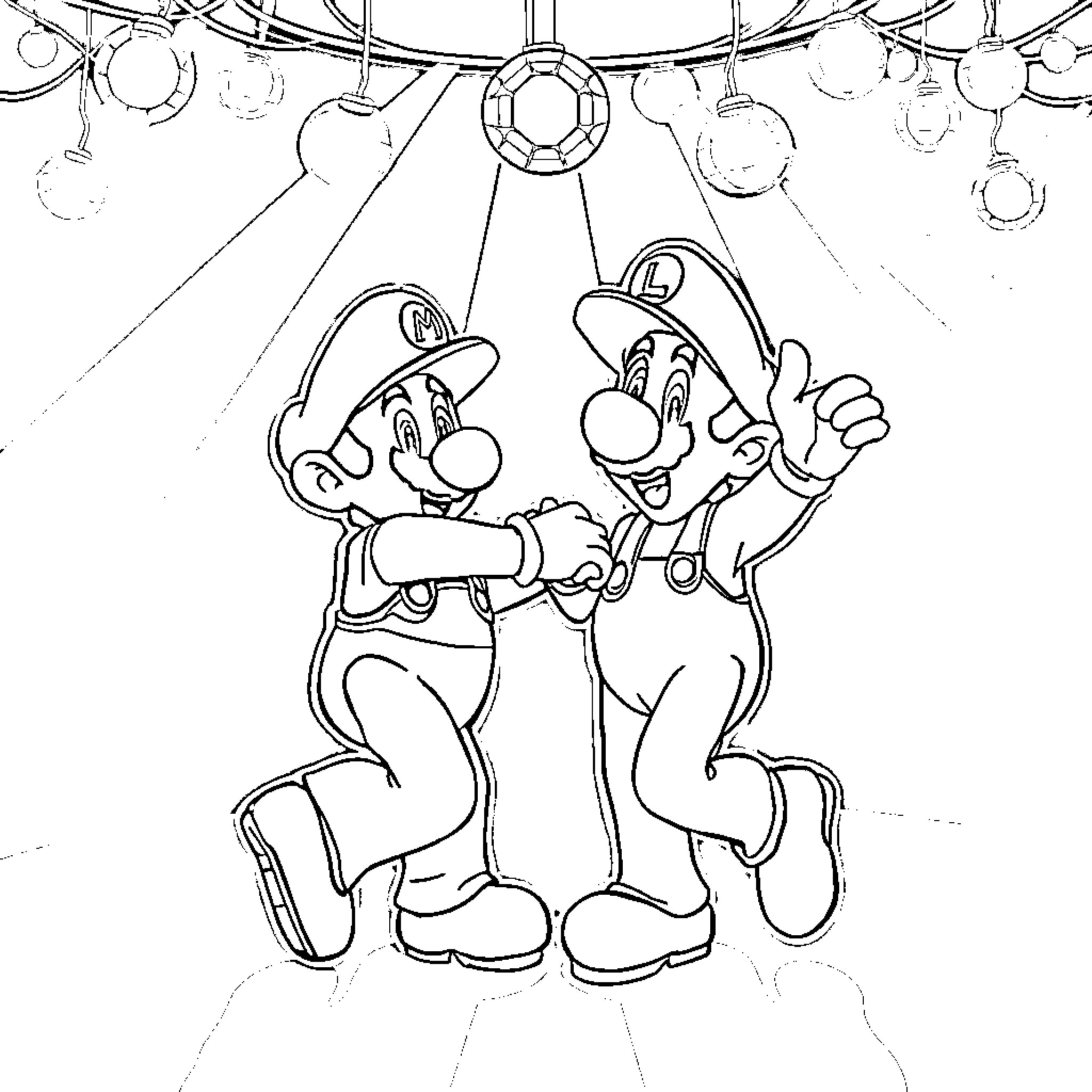 Mario and Luigi Jumping Joyfully in the Carnival Coloring Page (free black-and-white line drawing printable PDF for all, from beginners to advanced learners, including children, teens, adults, and seniors)