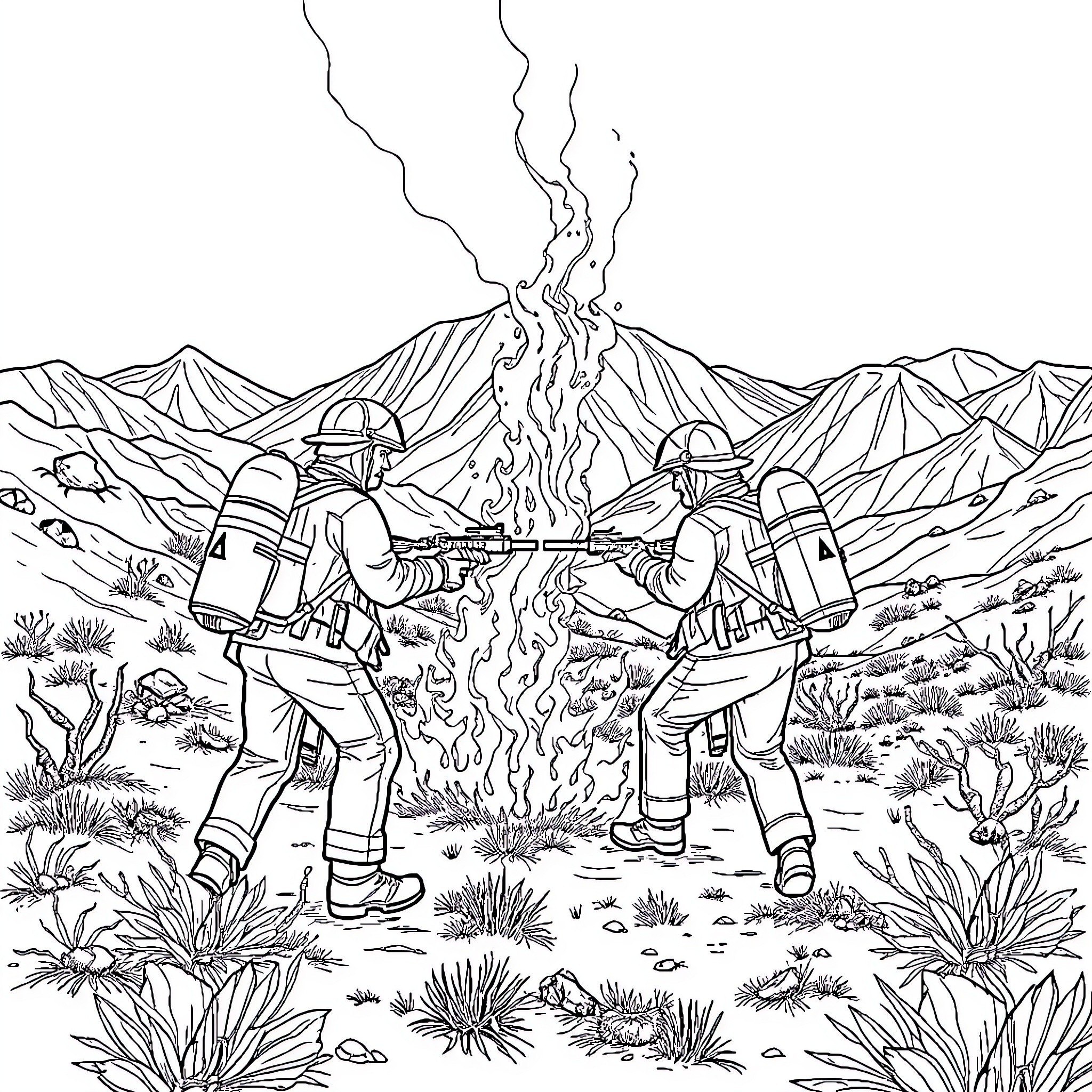 Firefighters battling a blazing wildfire in the rugged mountains Coloring Page (free black-and-white line drawing printable PDF for all, from beginners to advanced learners, including children, teens, adults, and seniors)