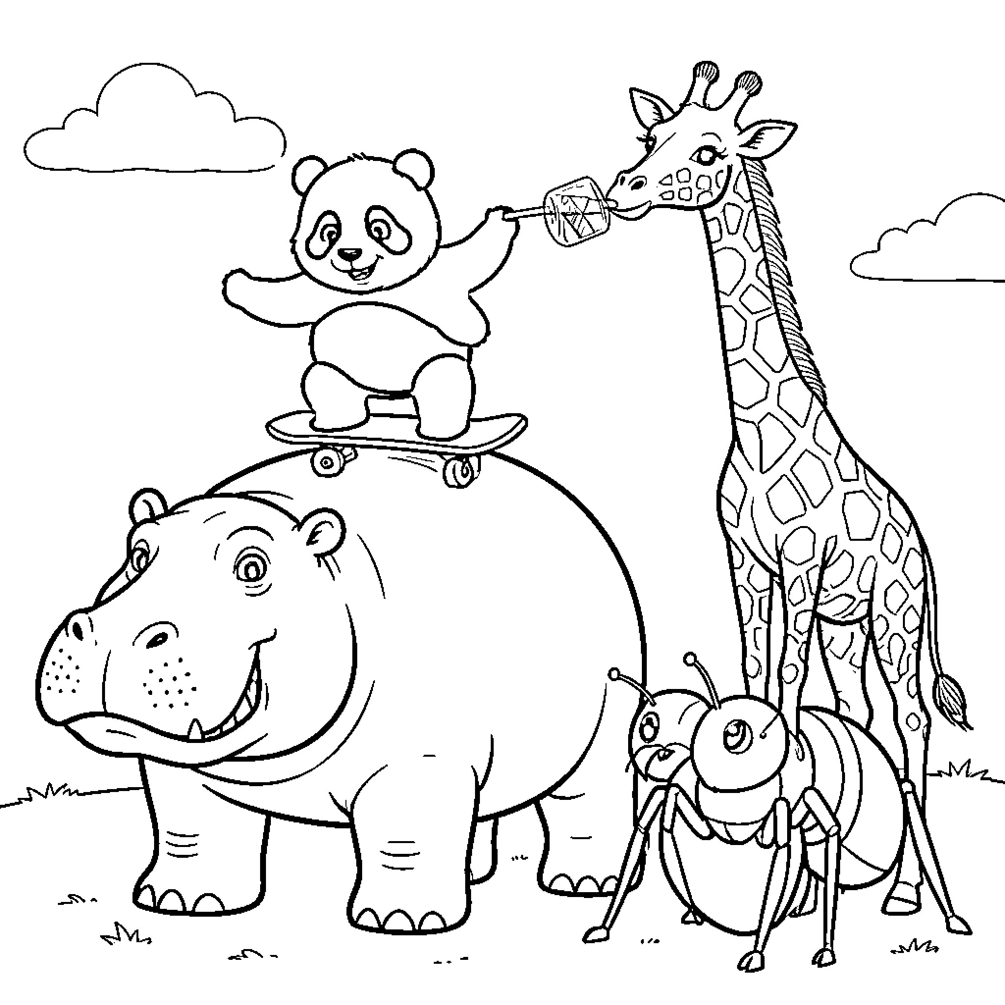 Panda riding a skateboard atop a hippo Coloring Page (free black-and-white line drawing printable PDF for all, from beginners to advanced learners, including children, teens, adults, and seniors)