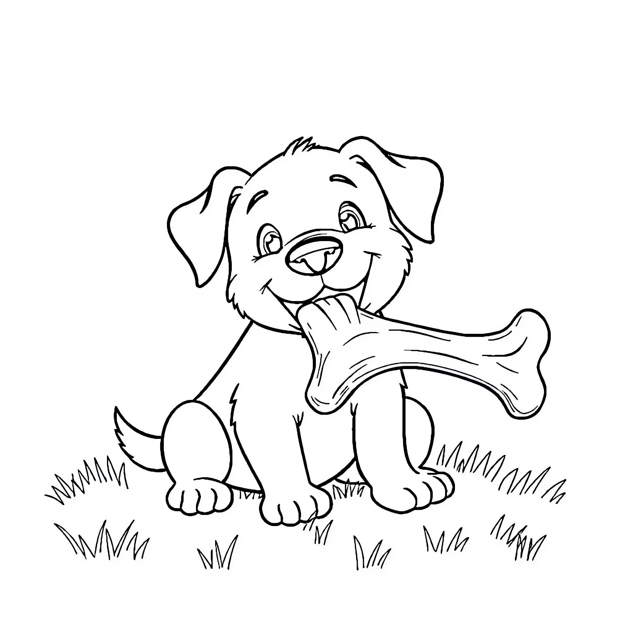 Dog chewing on a bone in the grass Coloring Page (free black-and-white line drawing printable PDF for all, from beginners to advanced learners, including children, teens, adults, and seniors)