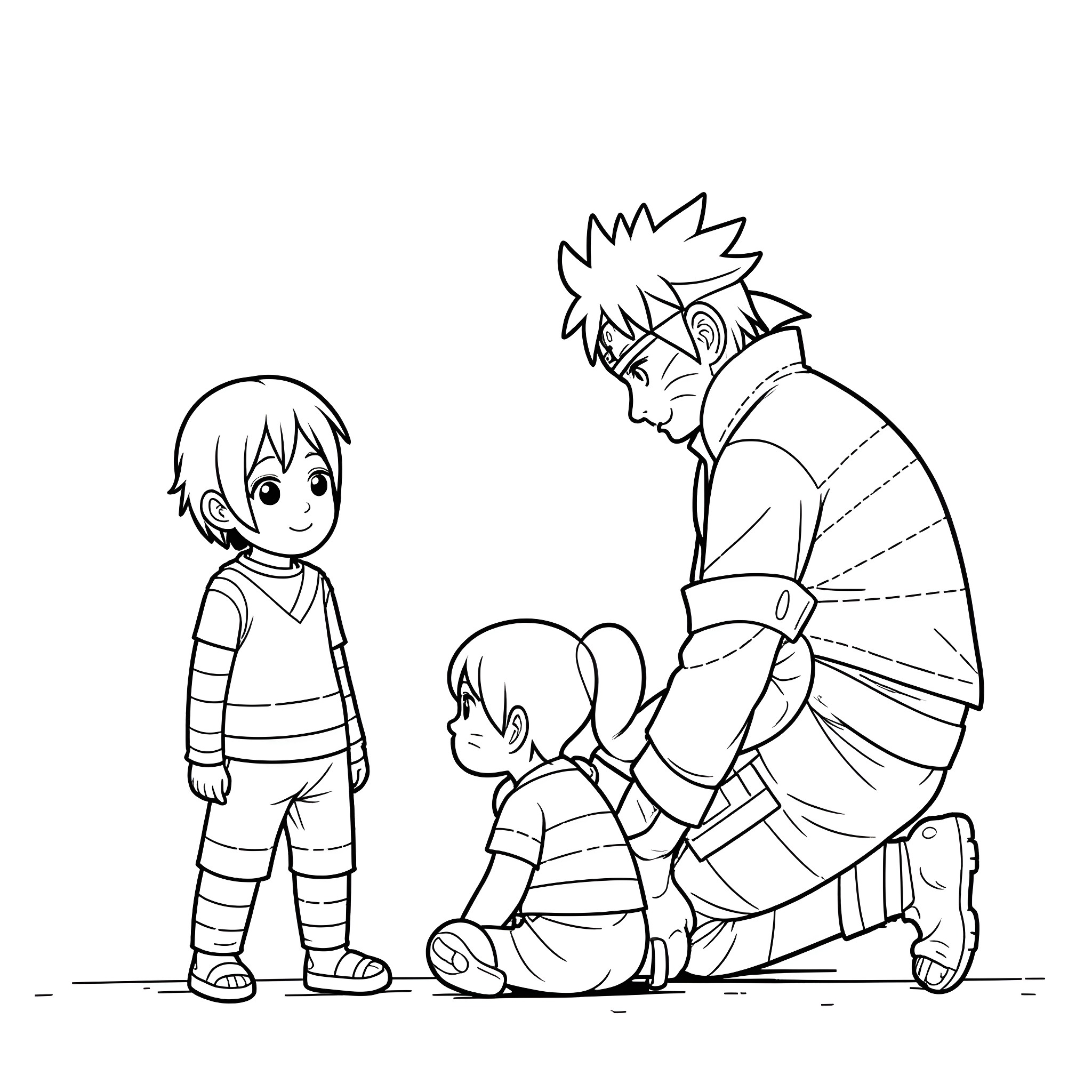 Naruto comforting a distressed character Coloring Page (free black-and-white line drawing printable PDF for all, from beginners to advanced learners, including children, teens, adults, and seniors)