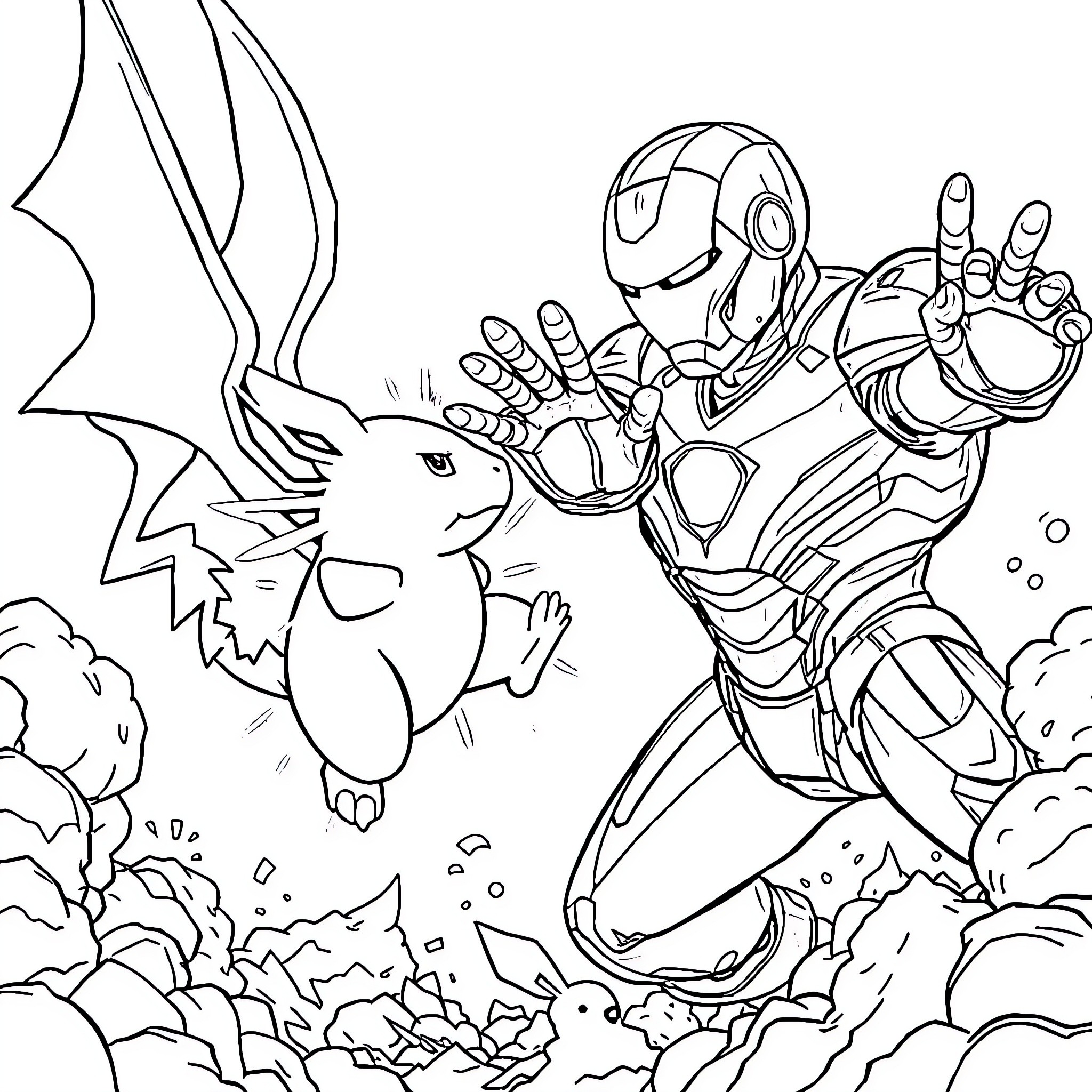 Pokémon Trainer Fighting a Fierce Dragon Creature Coloring Page (free black-and-white line drawing printable PDF for all, from beginners to advanced learners, including children, teens, adults, and seniors)