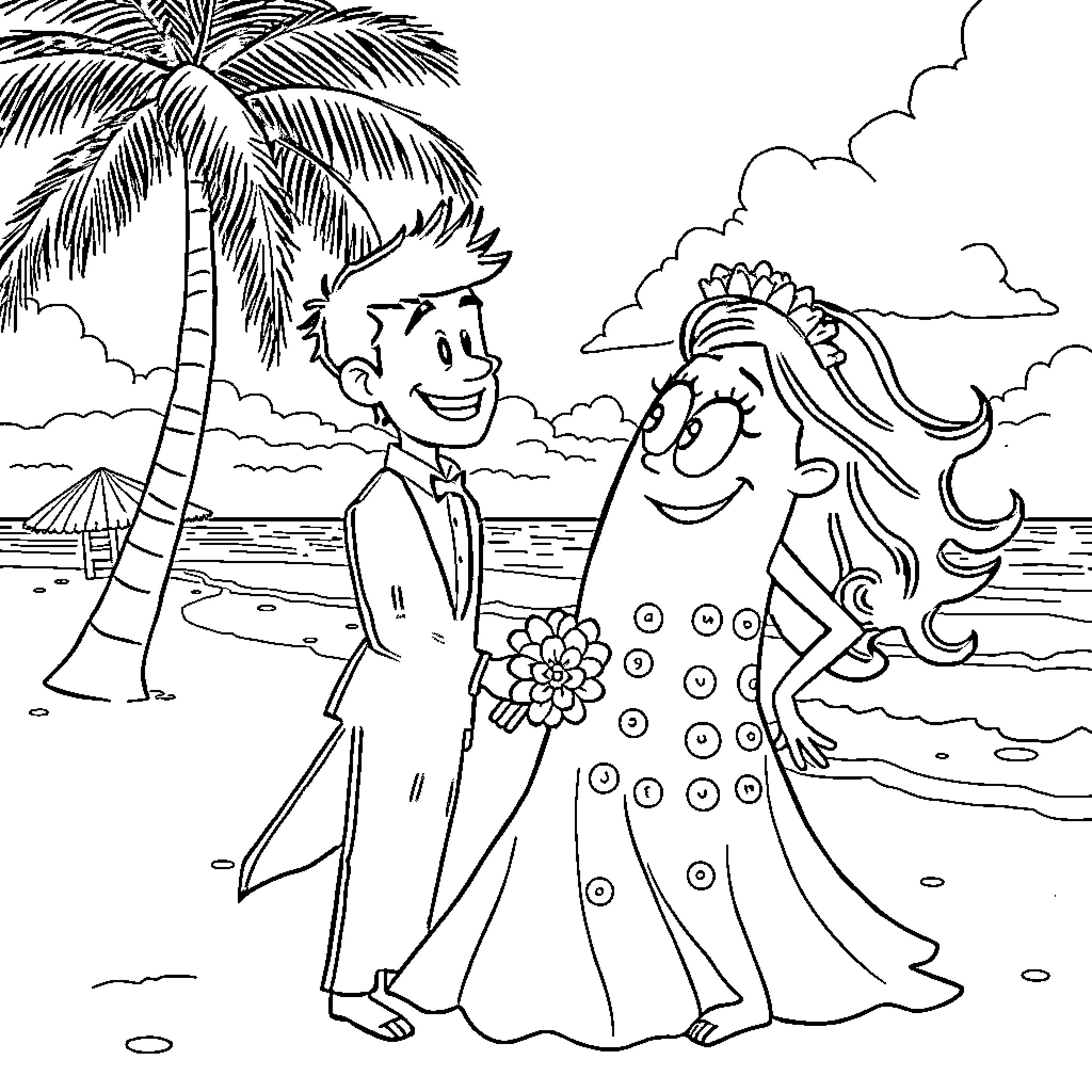 Arenita's Tropical Beach Wedding Coloring Page (free black-and-white line drawing printable PDF for all, from beginners to advanced learners, including children, teens, adults, and seniors)