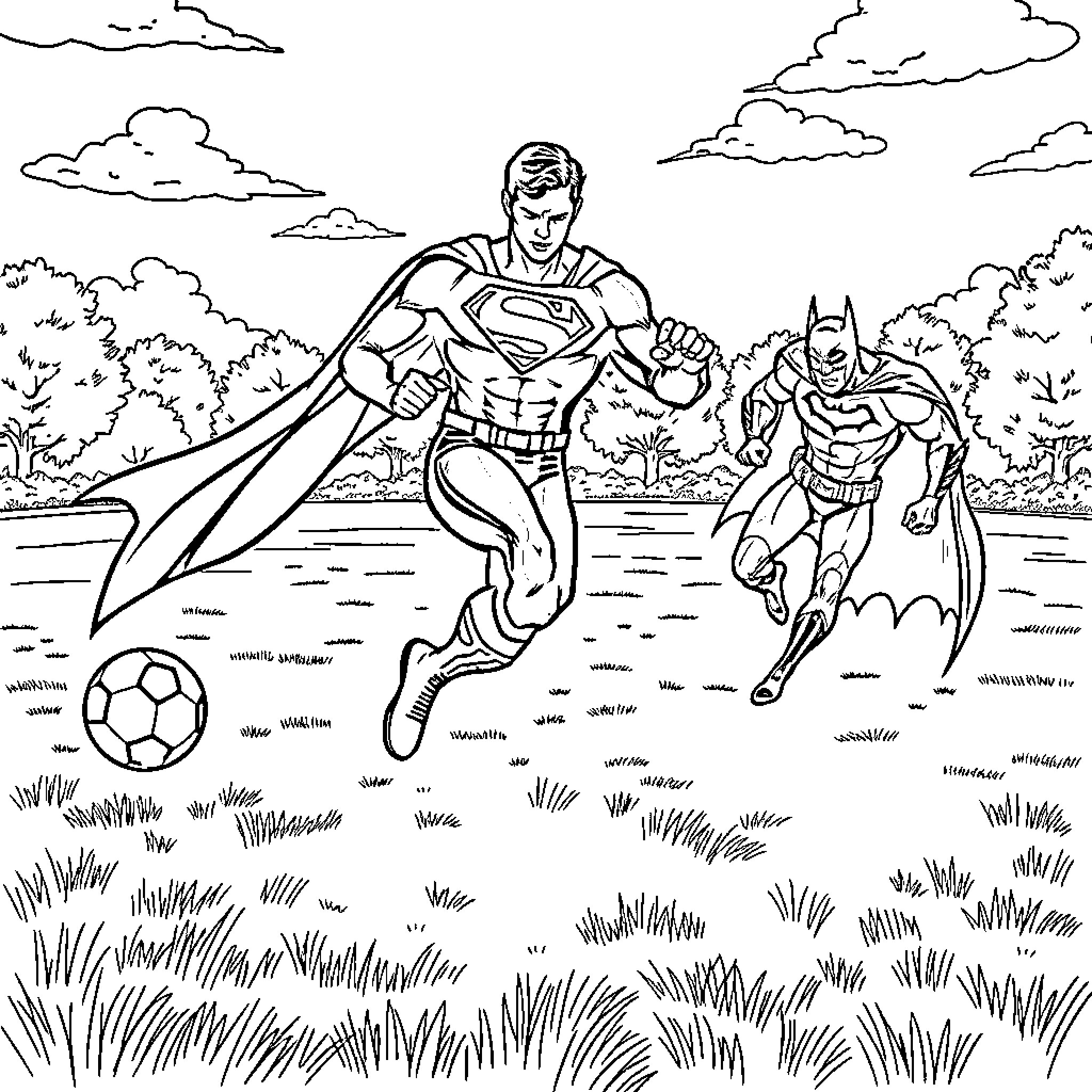 Superman and Batman playing soccer in a park Coloring Page (free black-and-white line drawing printable PDF for all, from beginners to advanced learners, including children, teens, adults, and seniors)