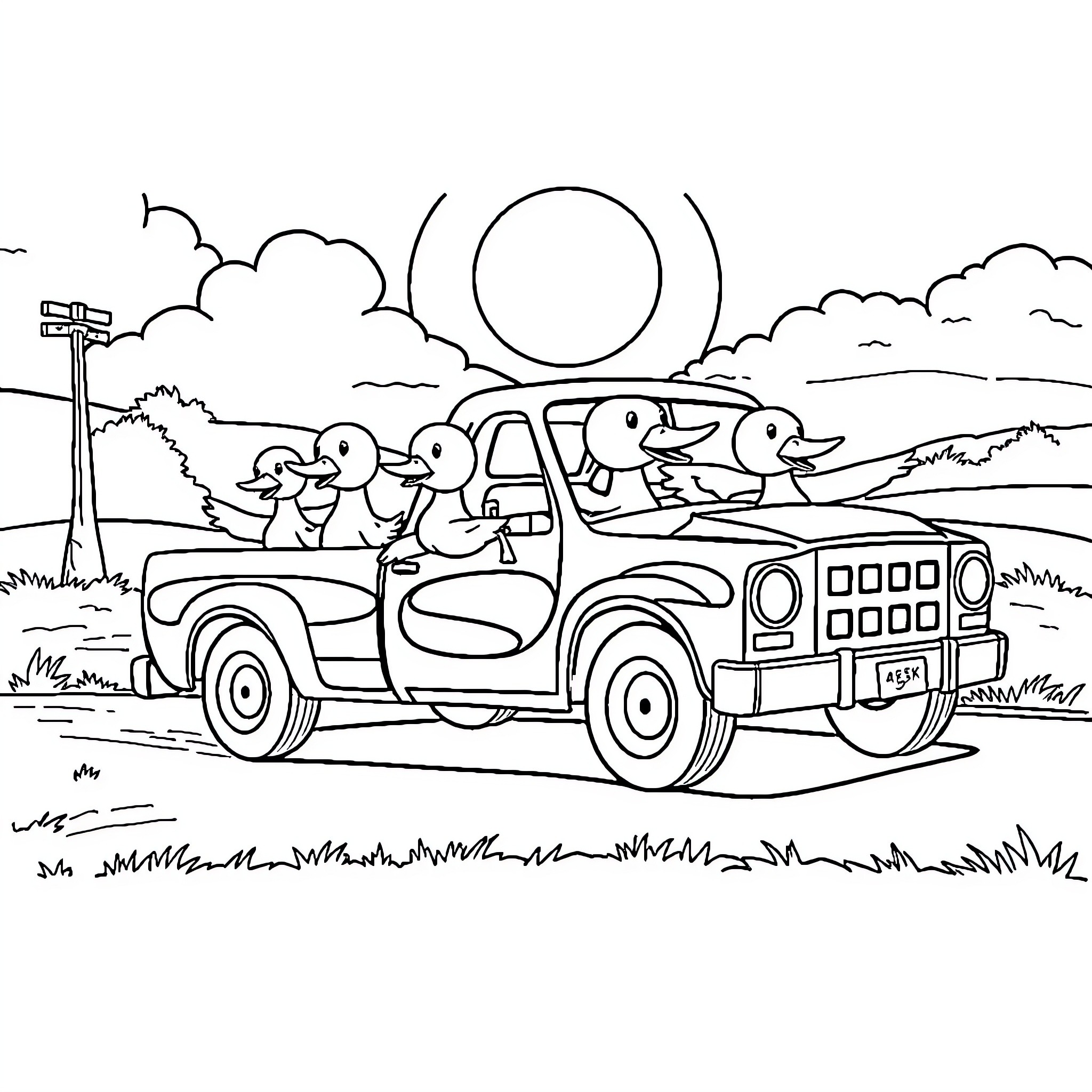 Duck family's adventure in the pickup truck Coloring Page (free black-and-white line drawing printable PDF for all, from beginners to advanced learners, including children, teens, adults, and seniors)