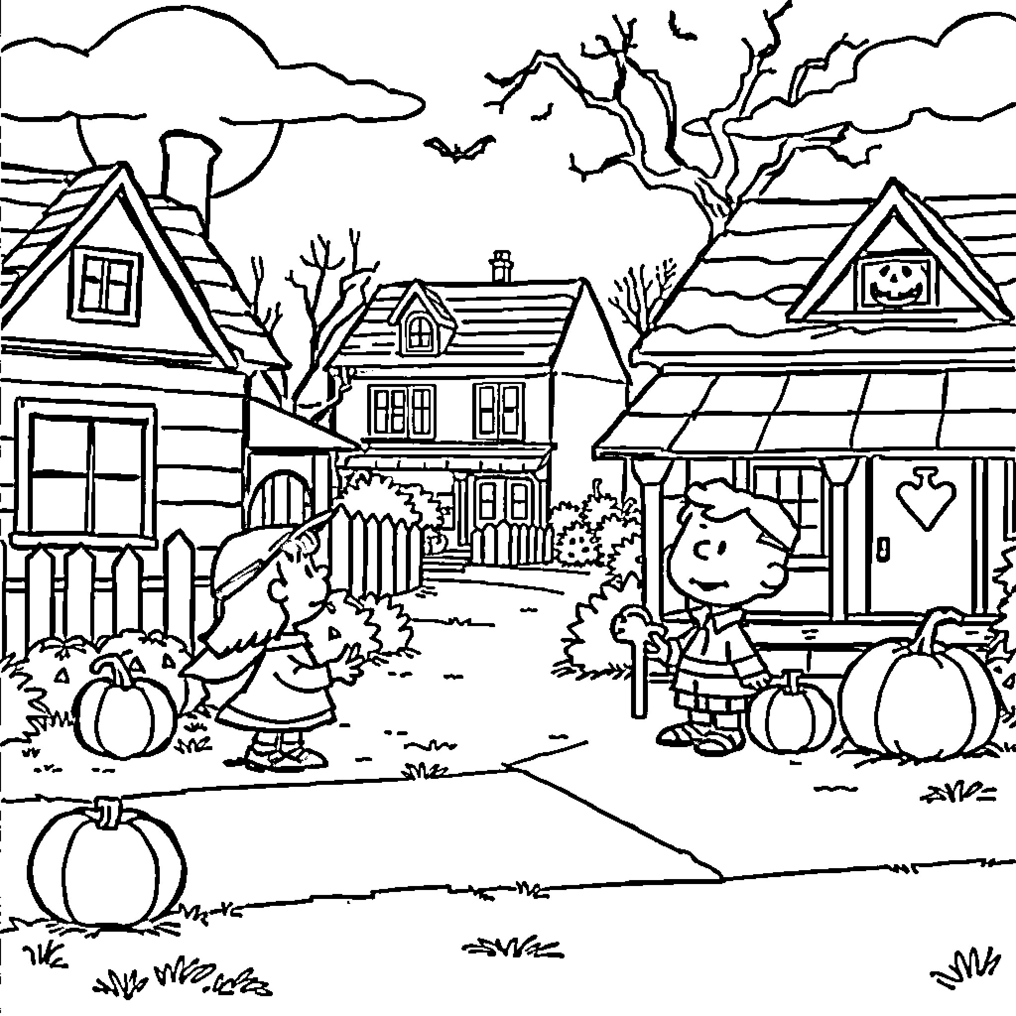 Charlie Brown and the Neighborhood at Halloween Coloring Page (free black-and-white line drawing printable PDF for all, from beginners to advanced learners, including children, teens, adults, and seniors)