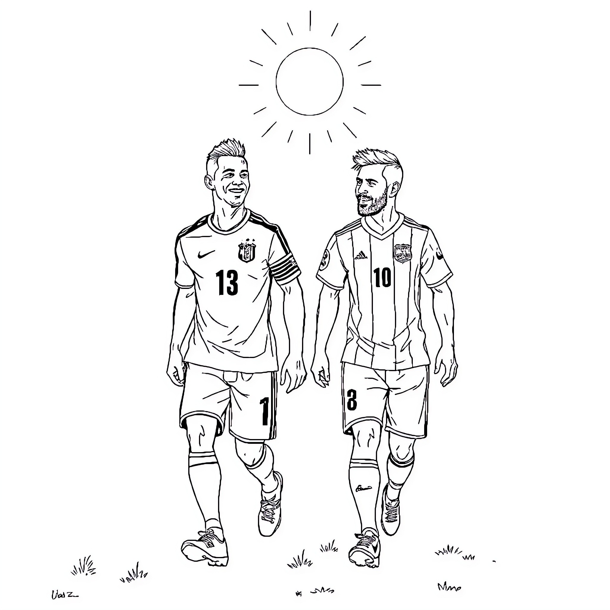 Cristiano Ronaldo and teammate walking on the field Coloring Page (free black-and-white line drawing printable PDF for all, from beginners to advanced learners, including children, teens, adults, and seniors)