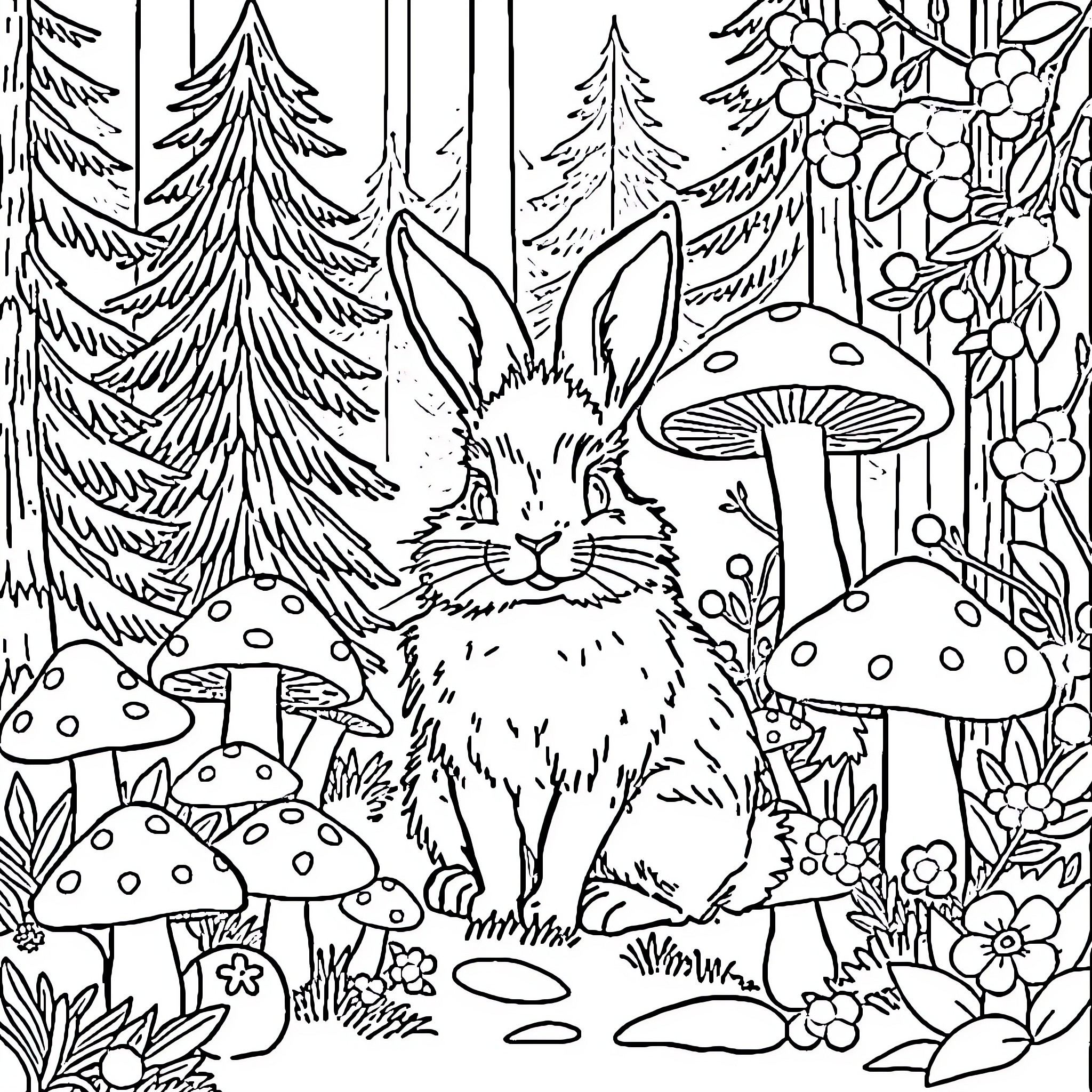Rabbit exploring the enchanted forest Coloring Page (free black-and-white line drawing printable PDF for all, from beginners to advanced learners, including children, teens, adults, and seniors)