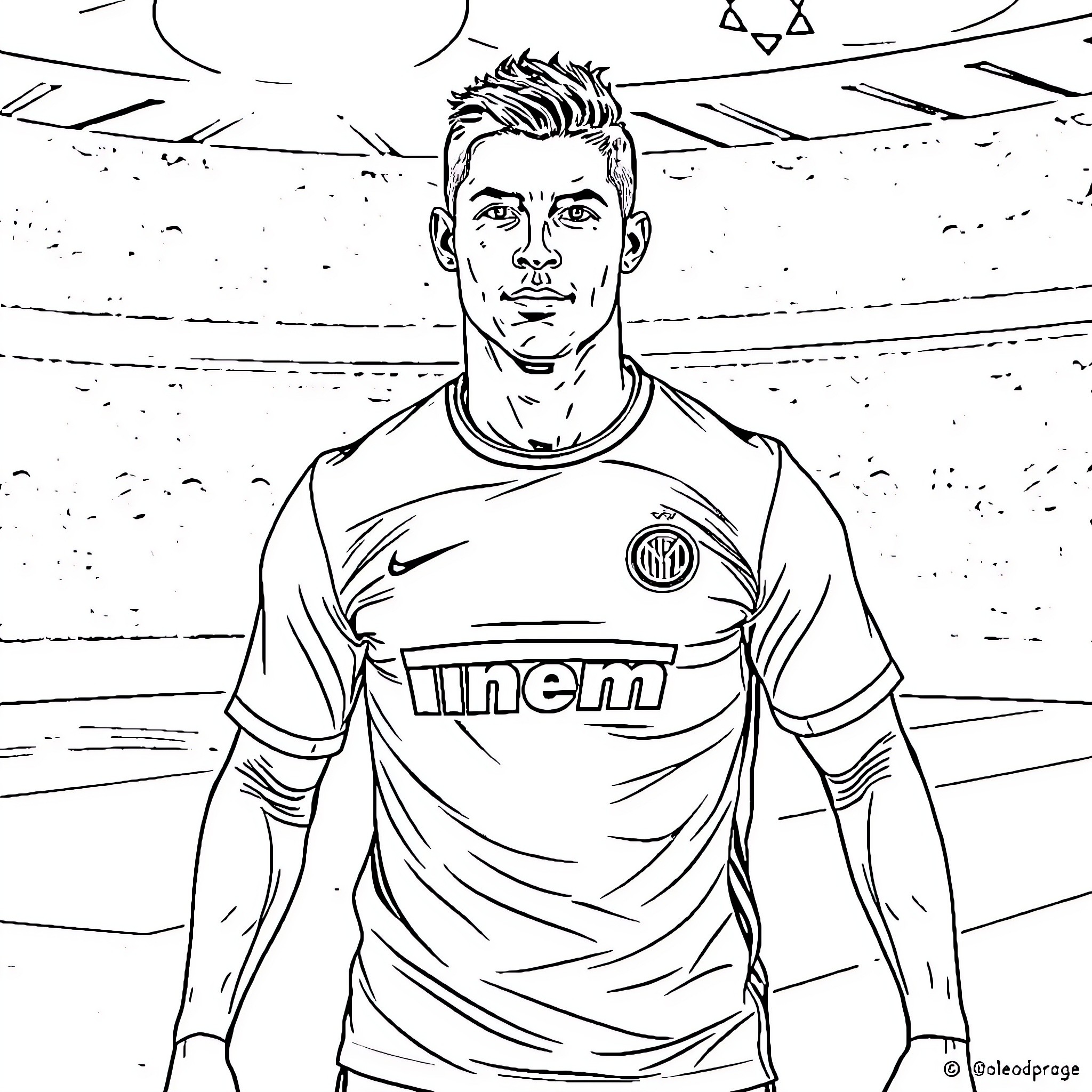Cristiano Ronaldo in soccer uniform on the field Coloring Page (free black-and-white line drawing printable PDF for all, from beginners to advanced learners, including children, teens, adults, and seniors)
