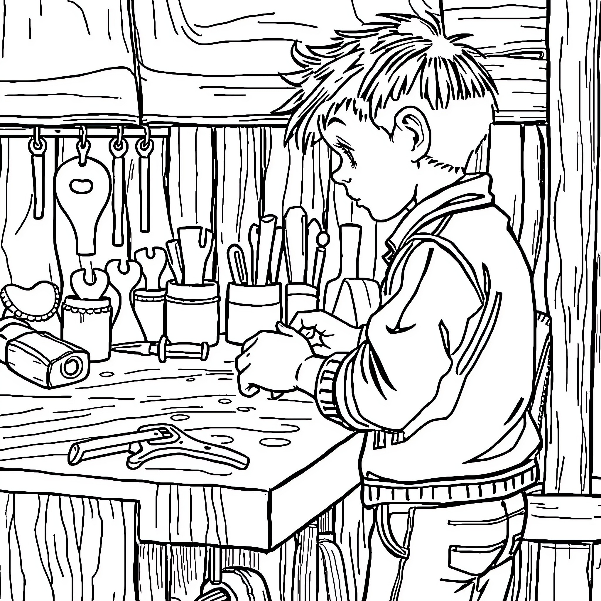 Boy exploring his workshop tools and equipment Coloring Page (free black-and-white line drawing printable PDF for all, from beginners to advanced learners, including children, teens, adults, and seniors)