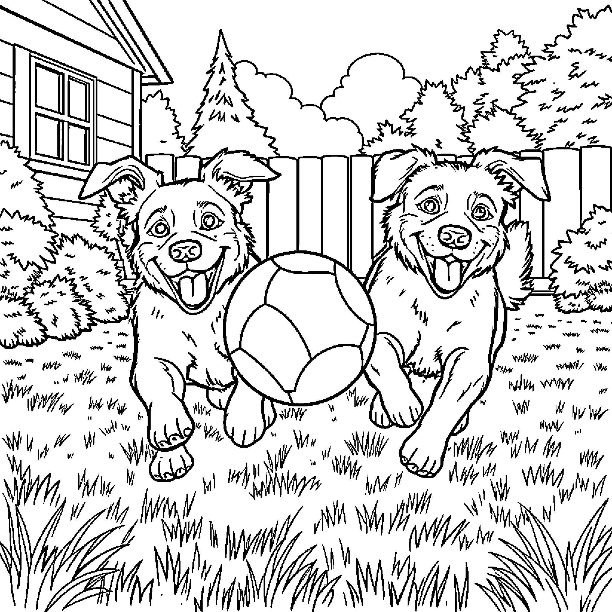 Dog friends playing with ball in the yard Coloring Page (free black-and-white line drawing printable PDF for all, from beginners to advanced learners, including children, teens, adults, and seniors)