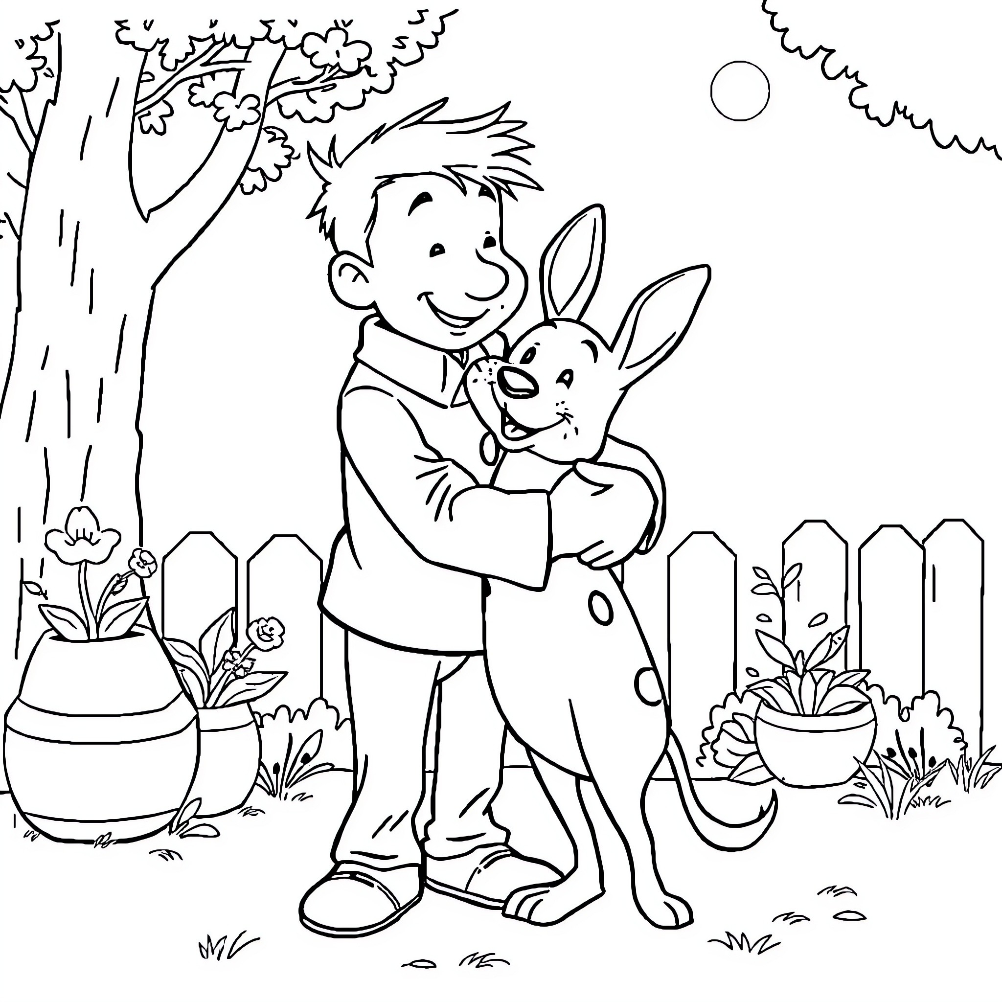 Tintin and his Rabbit Friend in the Garden Coloring Page (free black-and-white line drawing printable PDF for all, from beginners to advanced learners, including children, teens, adults, and seniors)