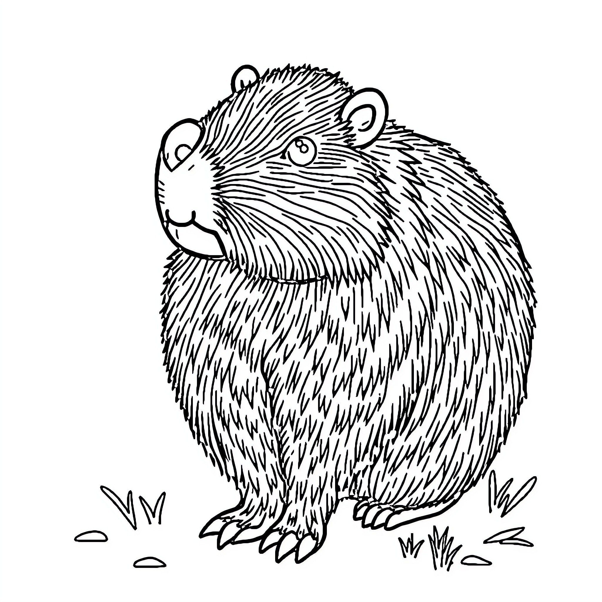 Capybara standing amid nature Coloring Page (free black-and-white line drawing printable PDF for all, from beginners to advanced learners, including children, teens, adults, and seniors)