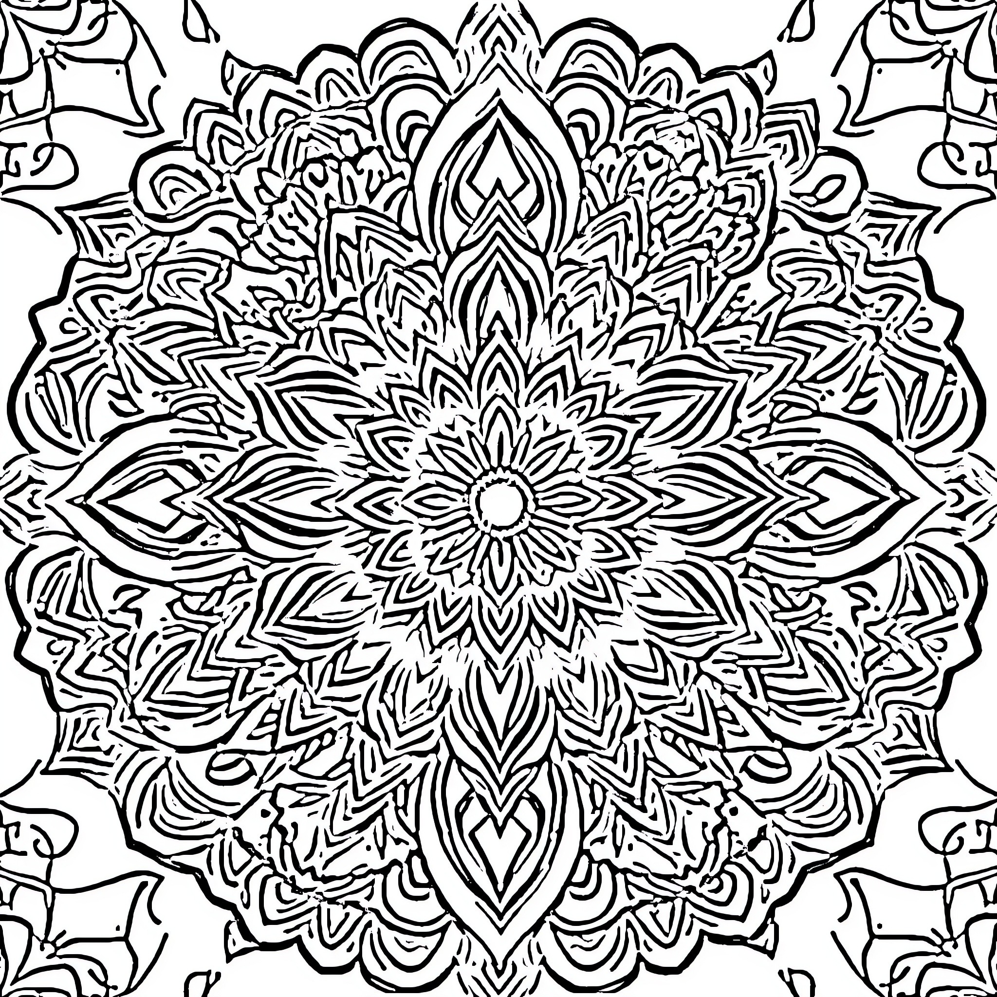 Mandala of intricate geometric patterns Coloring Page (free black-and-white line drawing printable PDF for all, from beginners to advanced learners, including children, teens, adults, and seniors)
