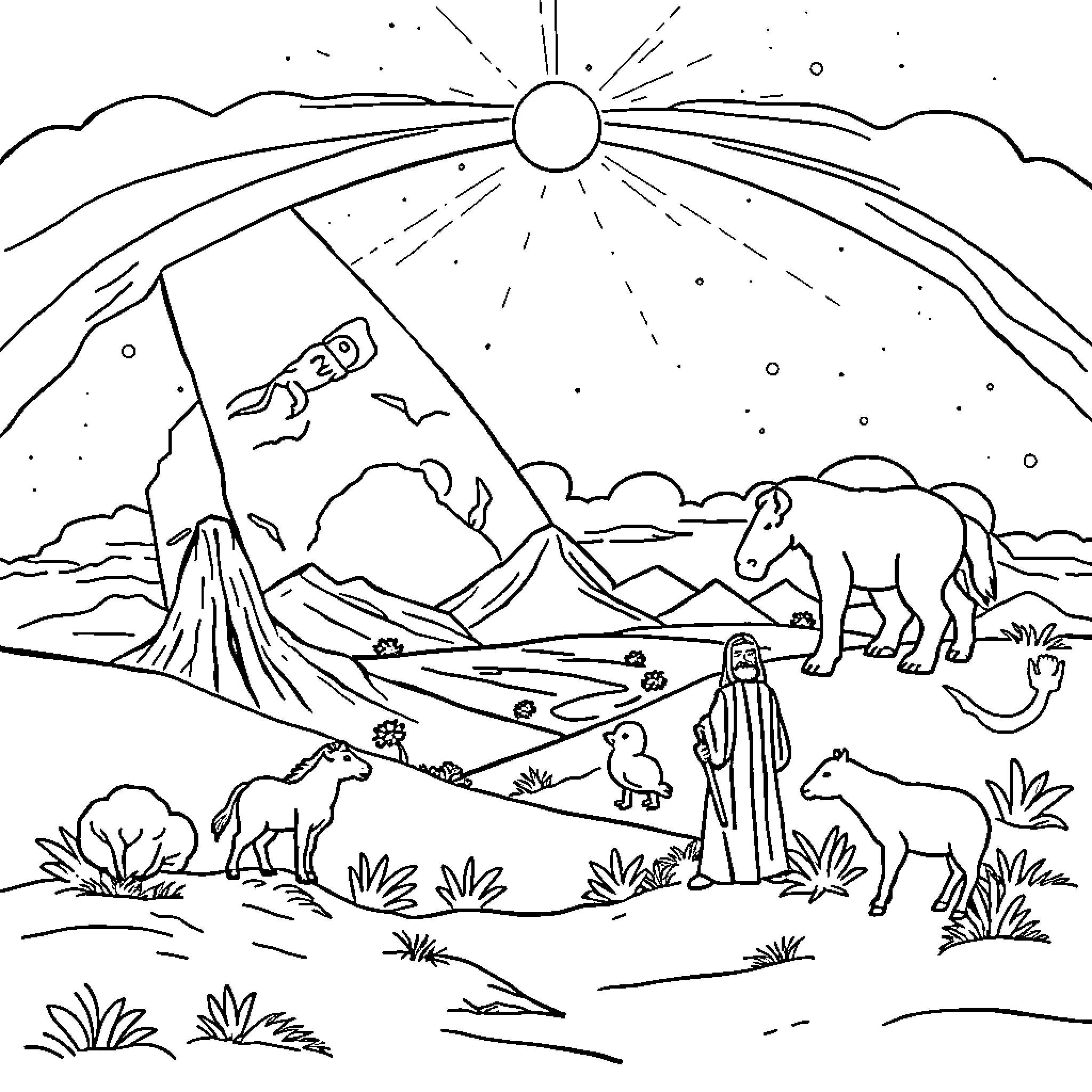 Creation of a Peaceful Landscape Coloring Page (free black-and-white line drawing printable PDF for all, from beginners to advanced learners, including children, teens, adults, and seniors)
