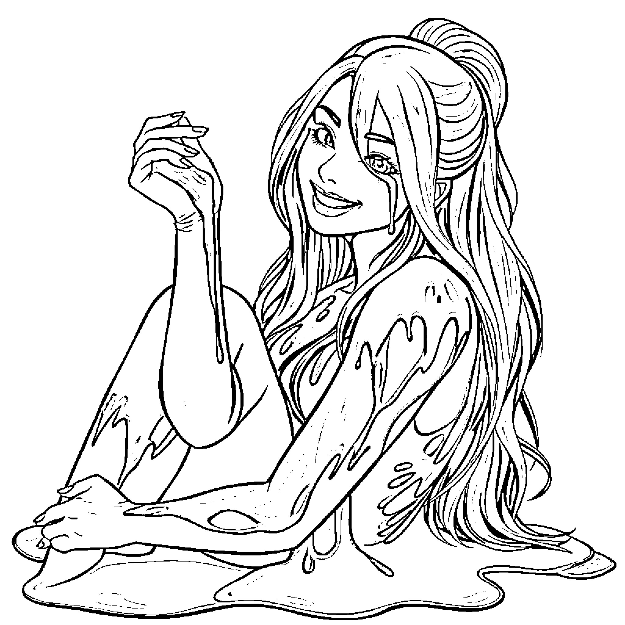 Woman posing with liquid in hand Coloring Page (free black-and-white line drawing printable PDF for all, from beginners to advanced learners, including children, teens, adults, and seniors)