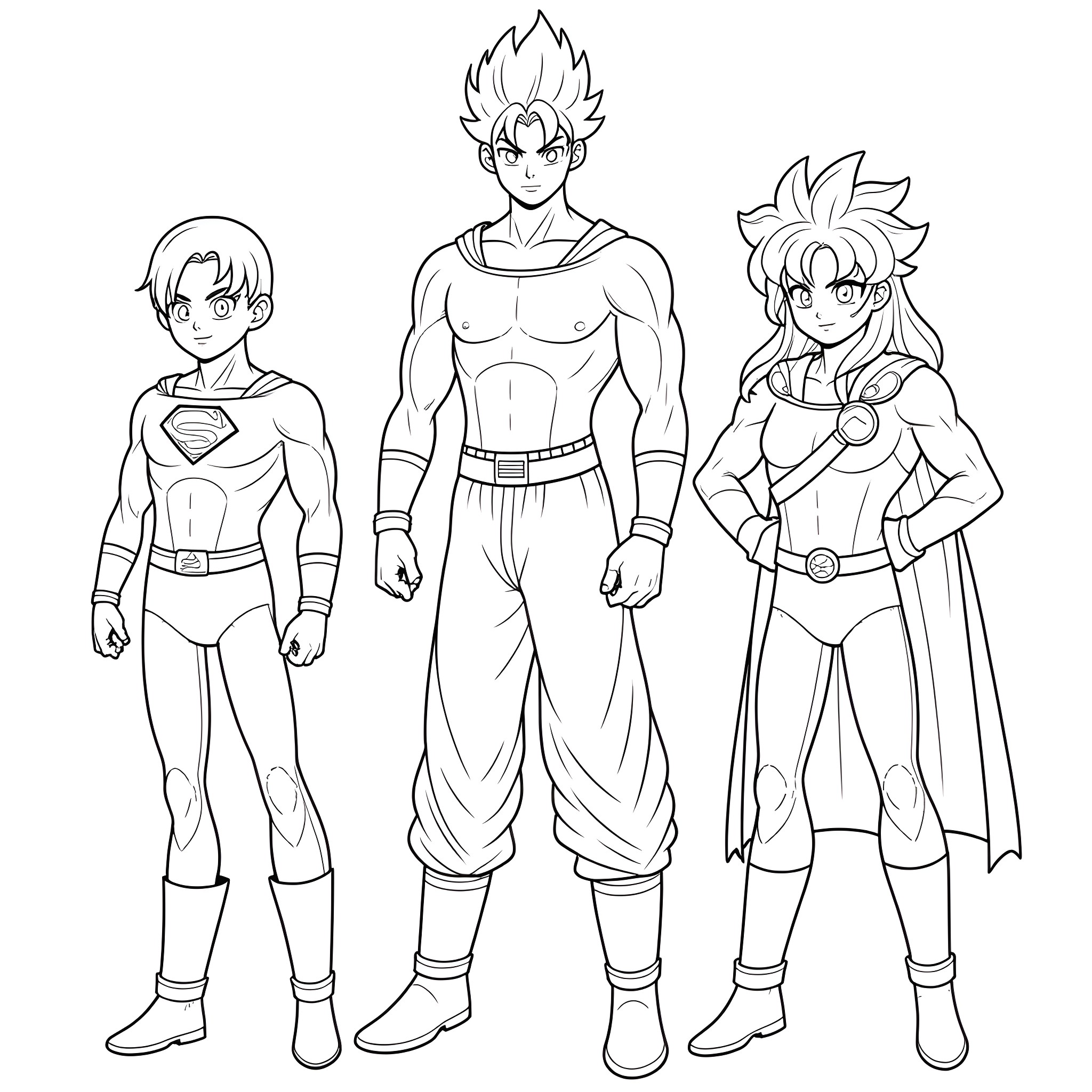Dragon Ball Z heroes in iconic poses and outfits Coloring Page (free black-and-white line drawing printable PDF for all, from beginners to advanced learners, including children, teens, adults, and seniors)