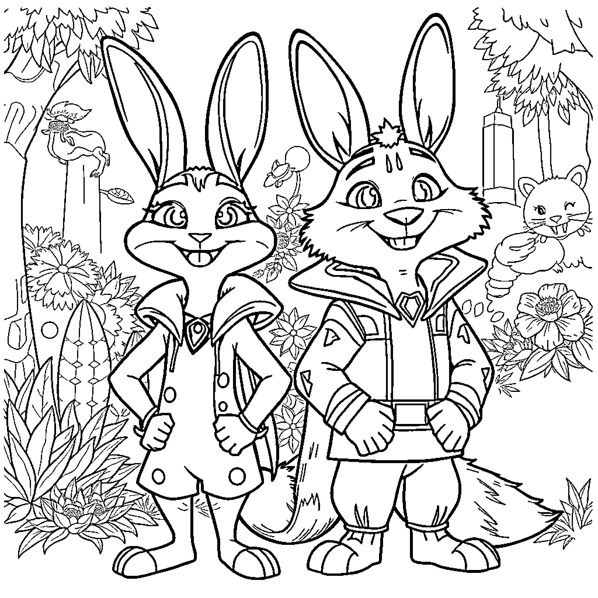 Zootopia - Rabbit friends in a forest setting Coloring Page (free black-and-white line drawing printable PDF for all, from beginners to advanced learners, including children, teens, adults, and seniors)
