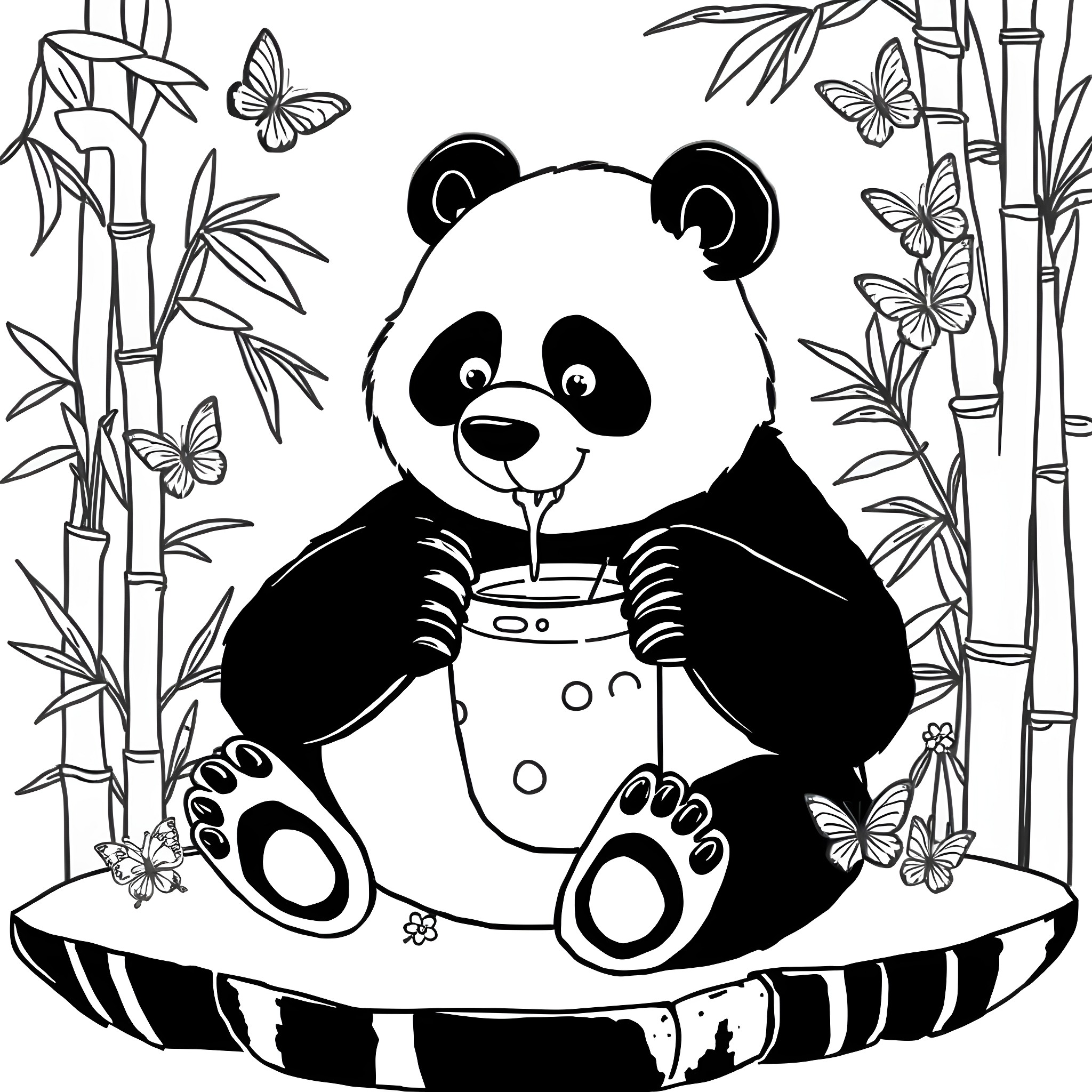 Panda eating bamboo amid butterflies and plants Coloring Page (free black-and-white line drawing printable PDF for all, from beginners to advanced learners, including children, teens, adults, and seniors)