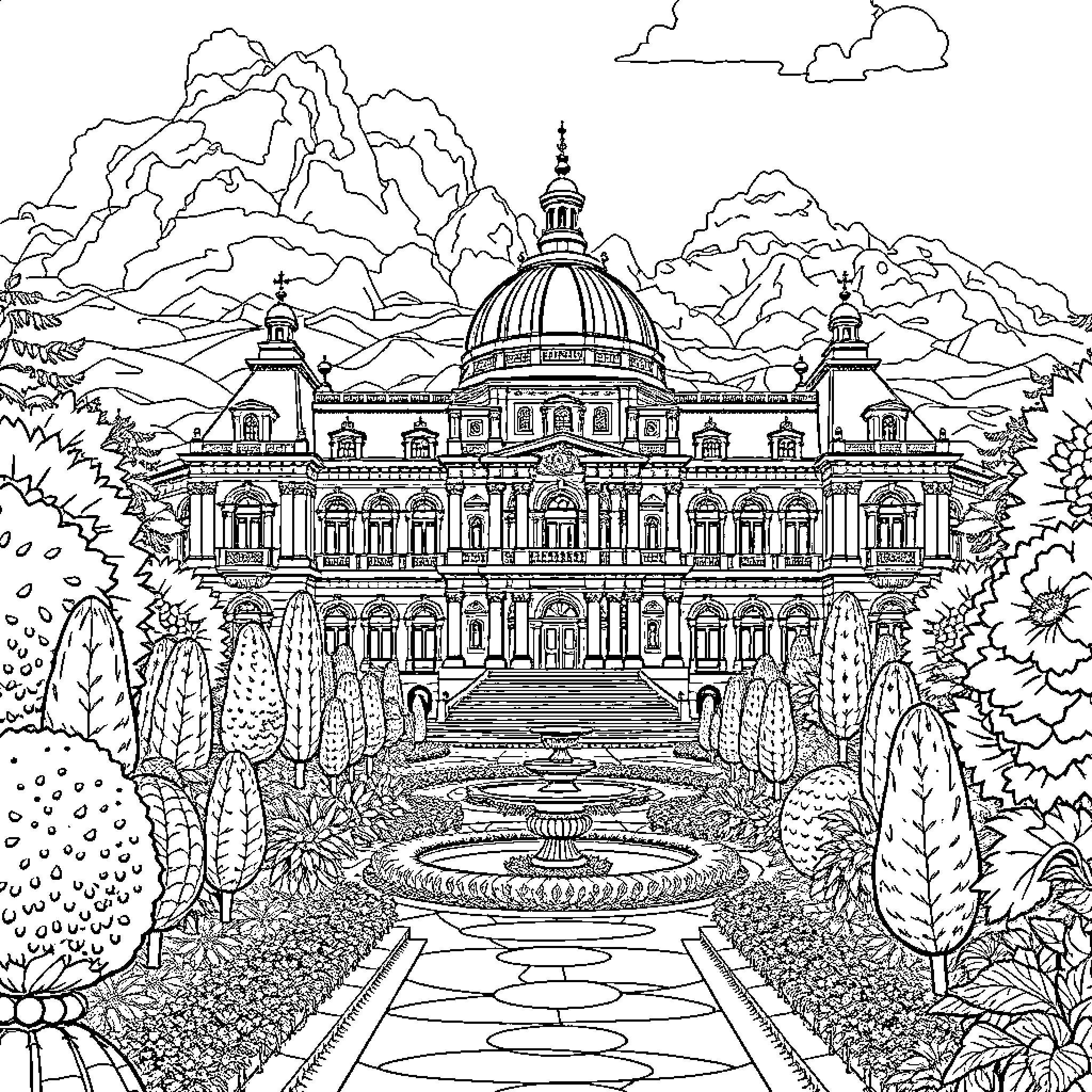 Palace of Magnificent Architecture in a Lush Landscape Coloring Page (free black-and-white line drawing printable PDF for all, from beginners to advanced learners, including children, teens, adults, and seniors)